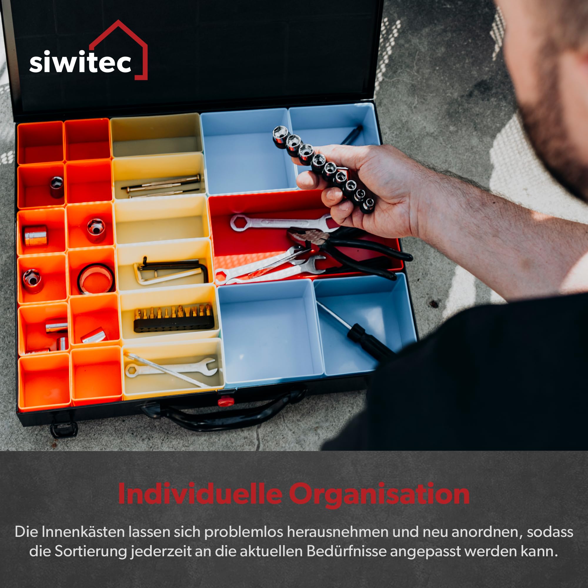 siwitec Stahlblechkoffer mit 23 tlg. Sortimentskasten, 43,1 x 33,5 x 6,8 cm, Sortierbox aus Edelstahl, Werkzeug Organiser, Sortierkasten Werkzeugkoffer leer, Kleinteilekoffer mit Einsätzen