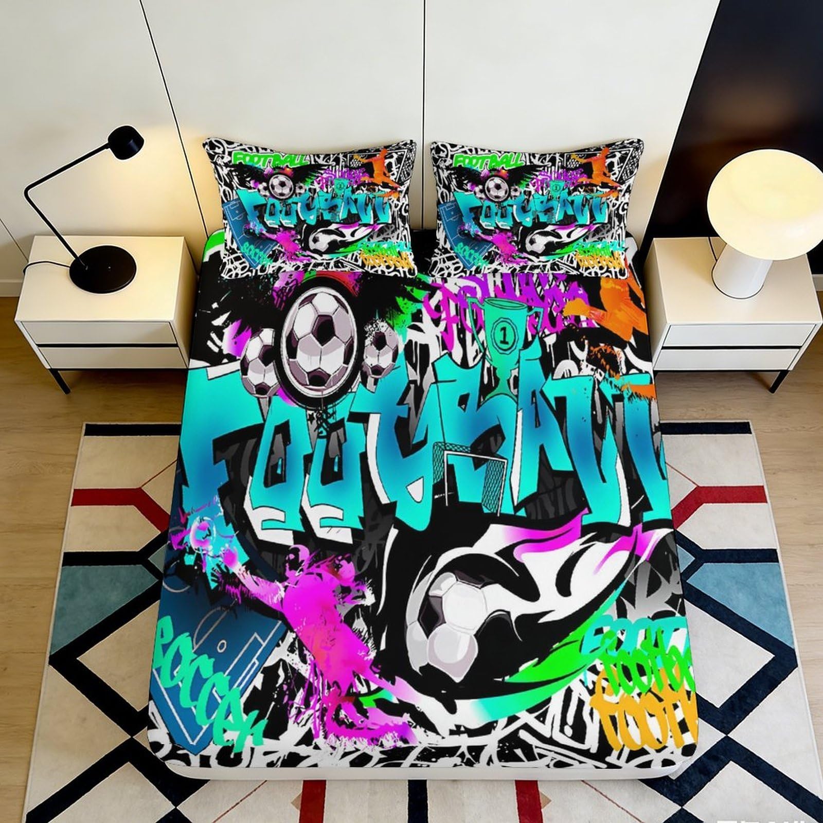 3D Printed Graffiti Soccer Fitted Sheet Microfiber Vibrant Spray Paint Bed Cover for Bedroom Dorm Mattress Decor 180x200x25cm