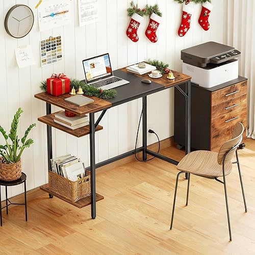 Miniatura 2 de HOOBRO Escritorio para computadora, escritorio de oficina en casa con toma de corriente, escritorio de escritura con 2 estantes, escritorio pequeño