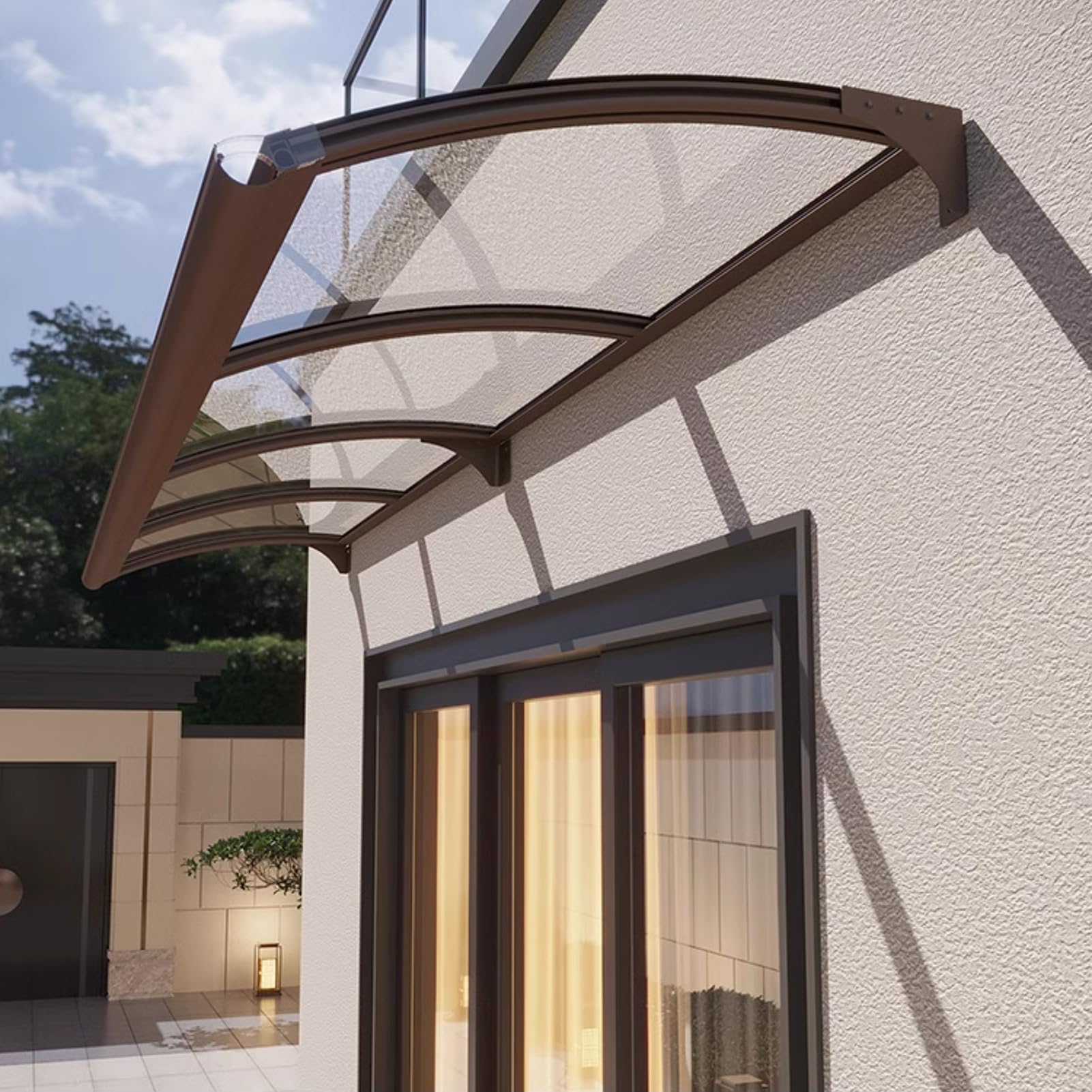CZYZMDD Aluminum Door Canopy with Gutter Weatherproof Front Awning Transparent Polycarbonate Panel Stylish 80x220cm Coffee Entrance Shelter