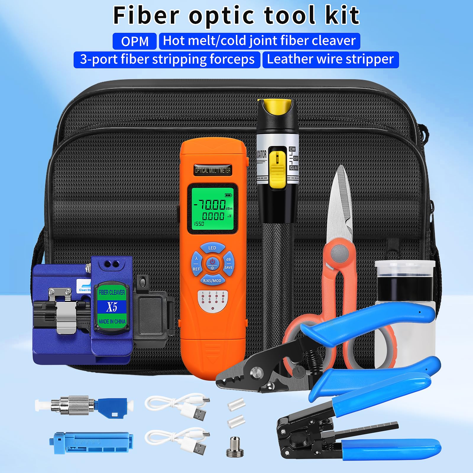 Glasfaser-Abschluss-Werkzeug-Set, 11-in-1, wiederaufladbar, optischer Leistungsmesser L-C7 (-70 - +10 dBm) & VFL, Faserbeil X5 und Abisolierzange, FTTH Heißschmelz-/Kaltverbindungswerkzeug-Set