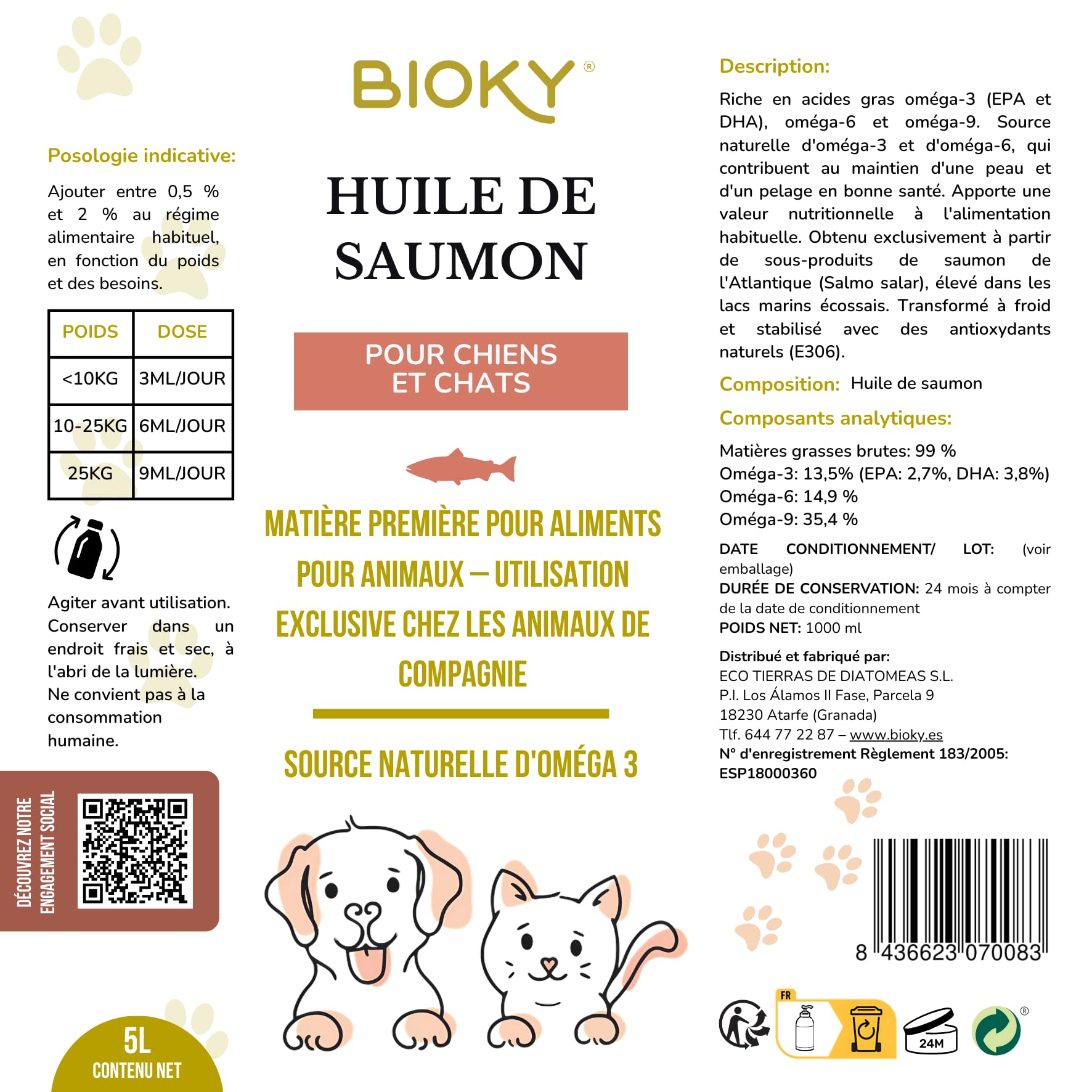Huile de Saumon : Chiens et Chats 5 L – Source d'Oméga 3 et 6 – EPA et DHA – Complément Alimentaire Haut de Gamme à Base d'Acides Gras et de Vitamine E – Origine : Écosse