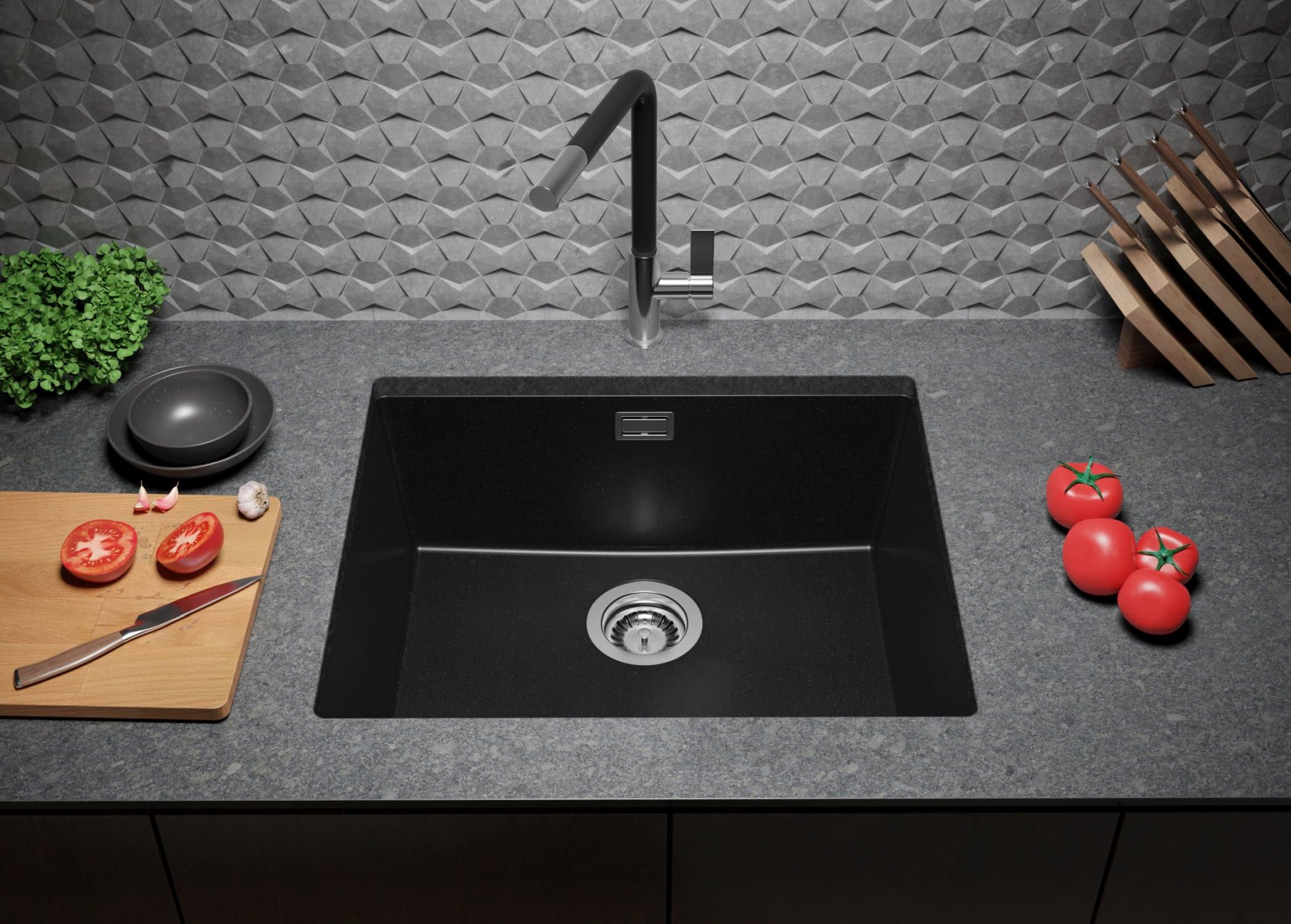 PRIMAGRAN Fregadero bajo Encimera Negro 56x47cm, Cocina 1 Seno + Sifón, Granito al Mueble 60cm - London S297
