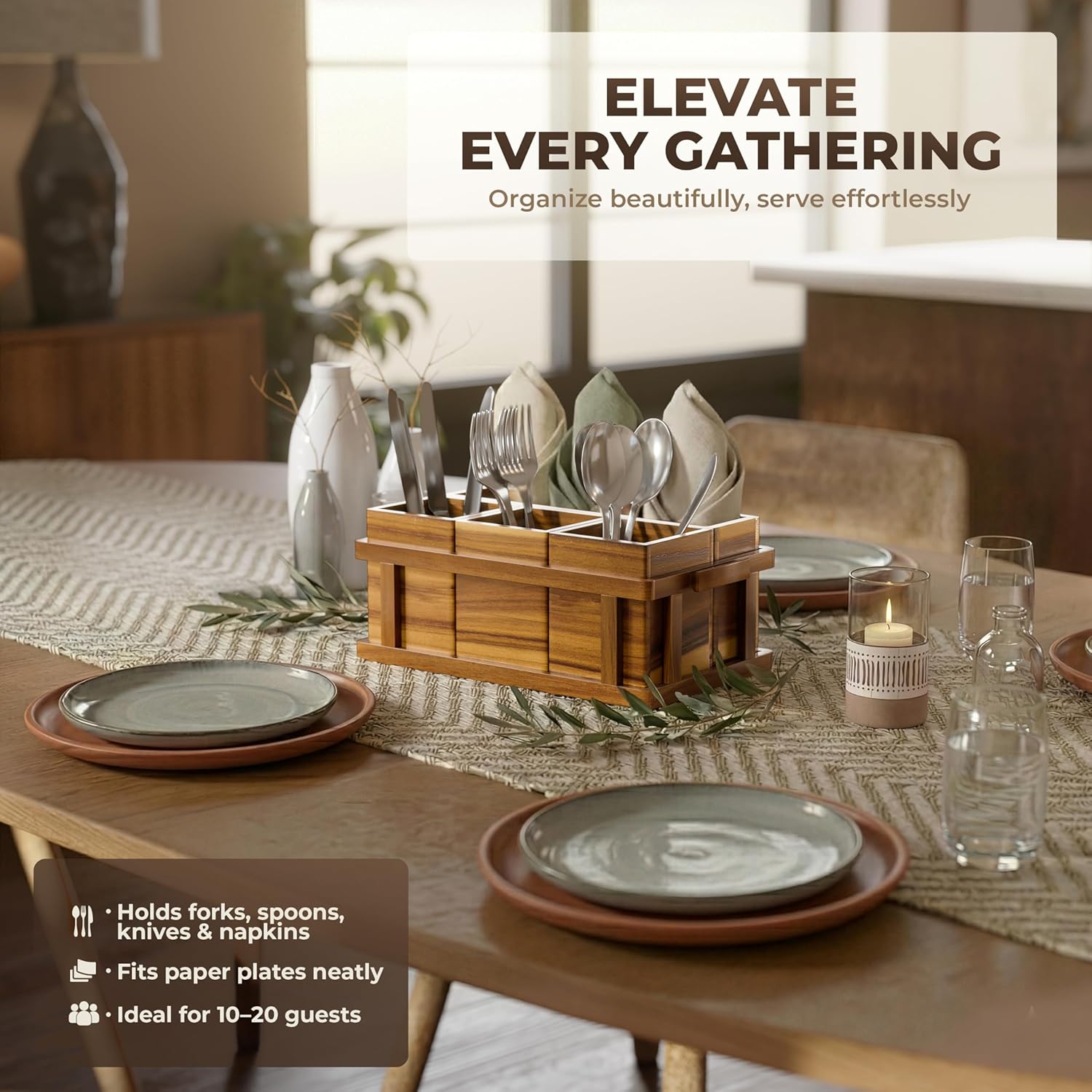 Acacia Wood Utensil Caddy for Parties, Silverware Caddy,with Paper Plate Dispenser, 4-Compartment Cutlery Flatware Organizer for Spoons, Forks, Napkins - Natural Wood Finish