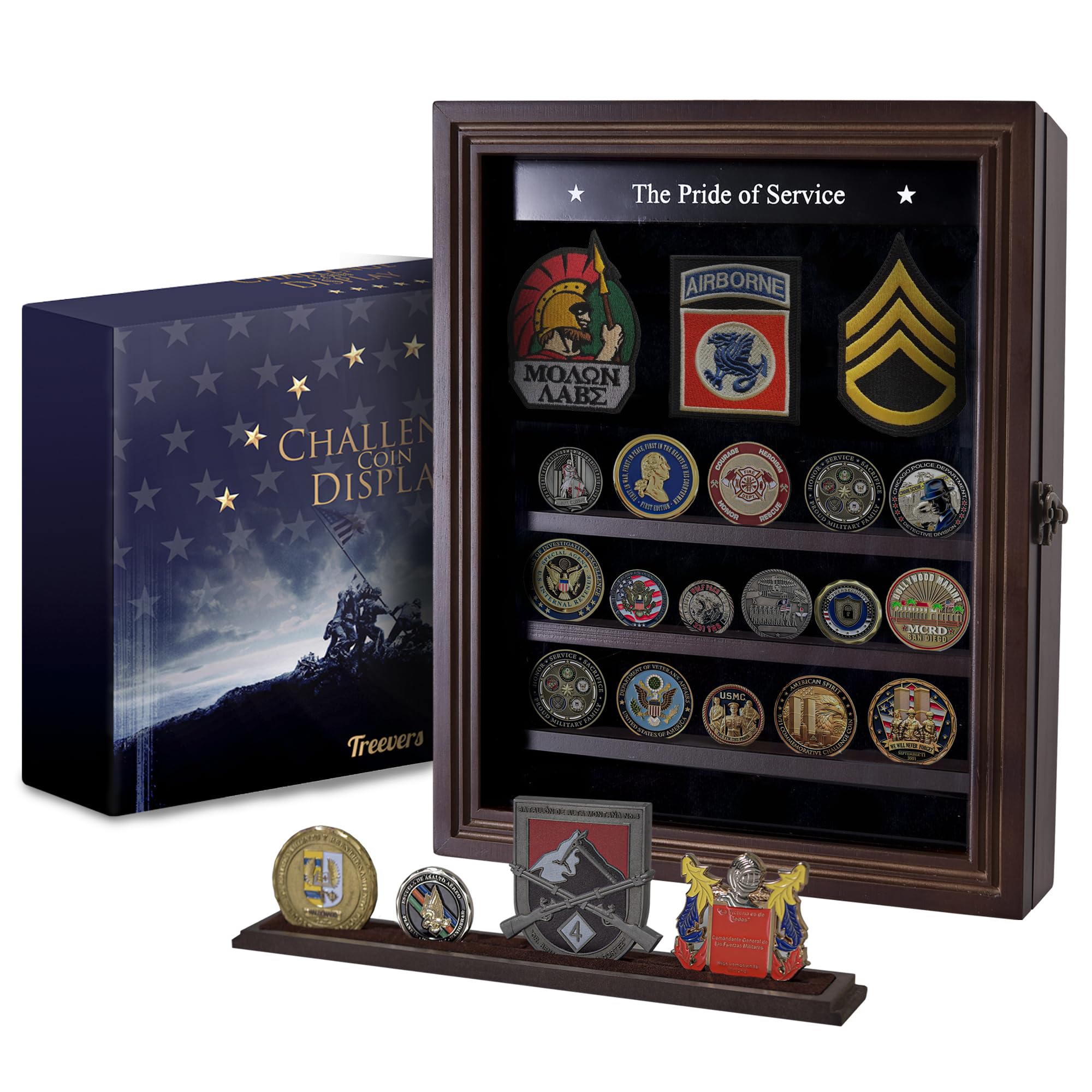 Treevers Challenge Coin Display Case – Military Shadow Box with Customizable Shelves & Pinnable Background – Holder for Coins, Medals, Badges, Patches – Wall Mount Rack for Army, Police, Firefighter