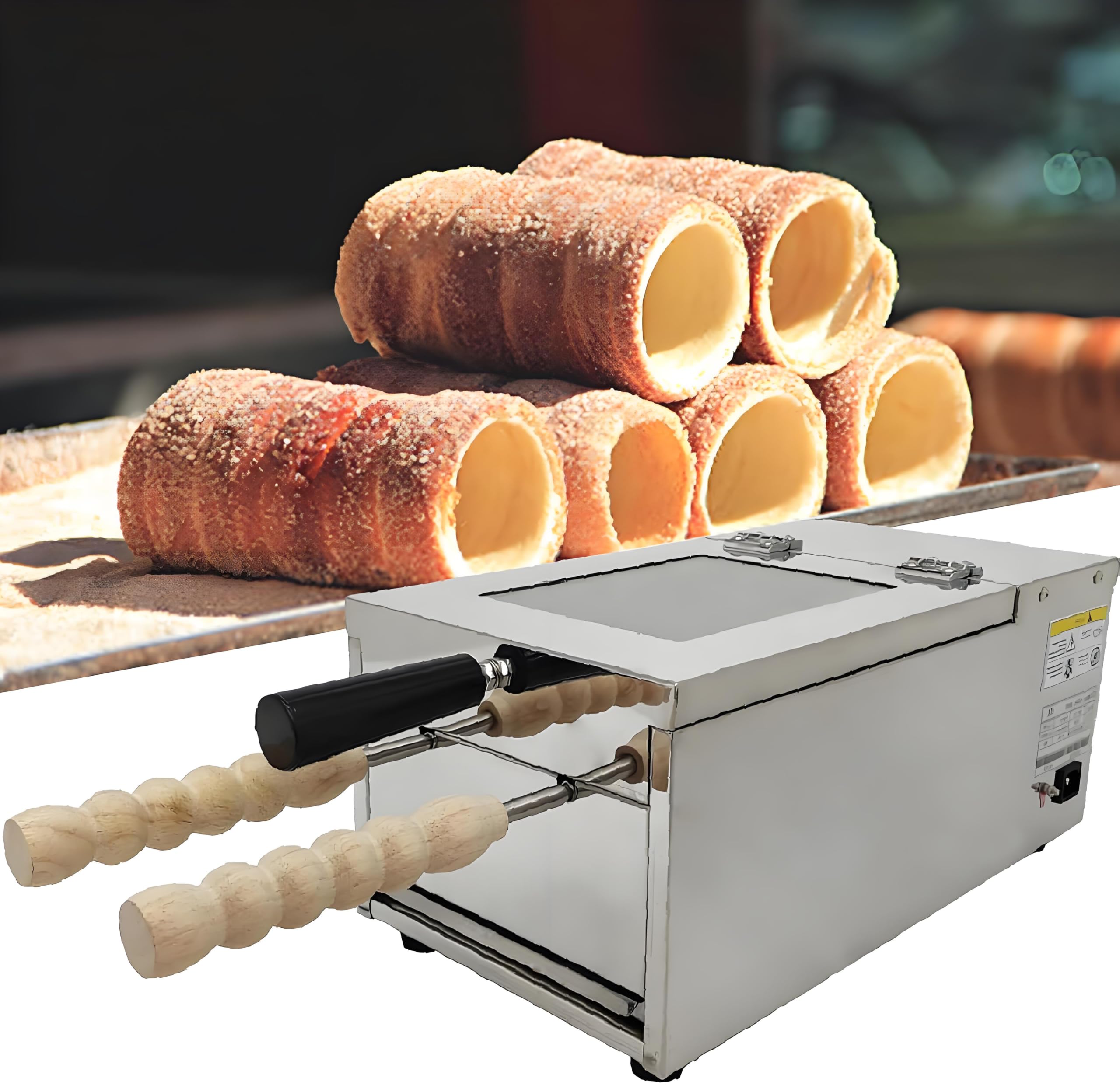 GSHSHOU Chimney Cake Roll Oven Maker, 1500W Electric Commercial Ice Cream Cone Machine, Egg Cone Maker with 2 Stainless Steel Molds and Wooden Handles for Restaurant Bakeries