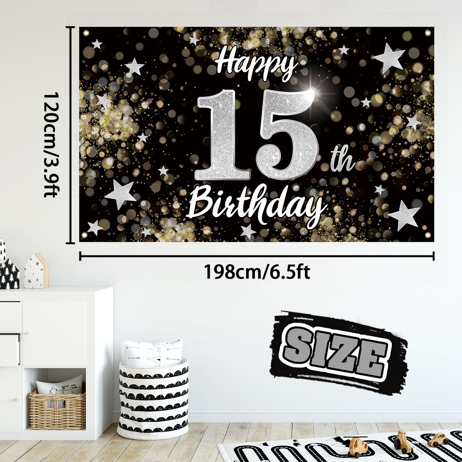 Nelbiirth Happy 15th Birthday Decorations,15th Black & Silver Dream Star Large Birthday Banner Backdrop Sign - Cheers to Fifteen Years Old Bday Party Decoration.