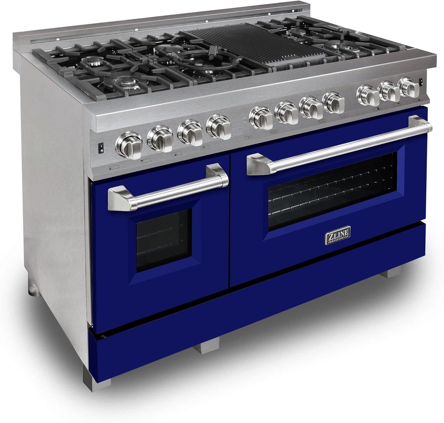 ZLINE 48 in. 6.0 cu. ft. Legacy Dual Fuel Range with 7 Burner Gas Cooktop and 2 Electric Ovens in Satin Stainless Steel and Blue Matte Doors (RAS-BM-48)