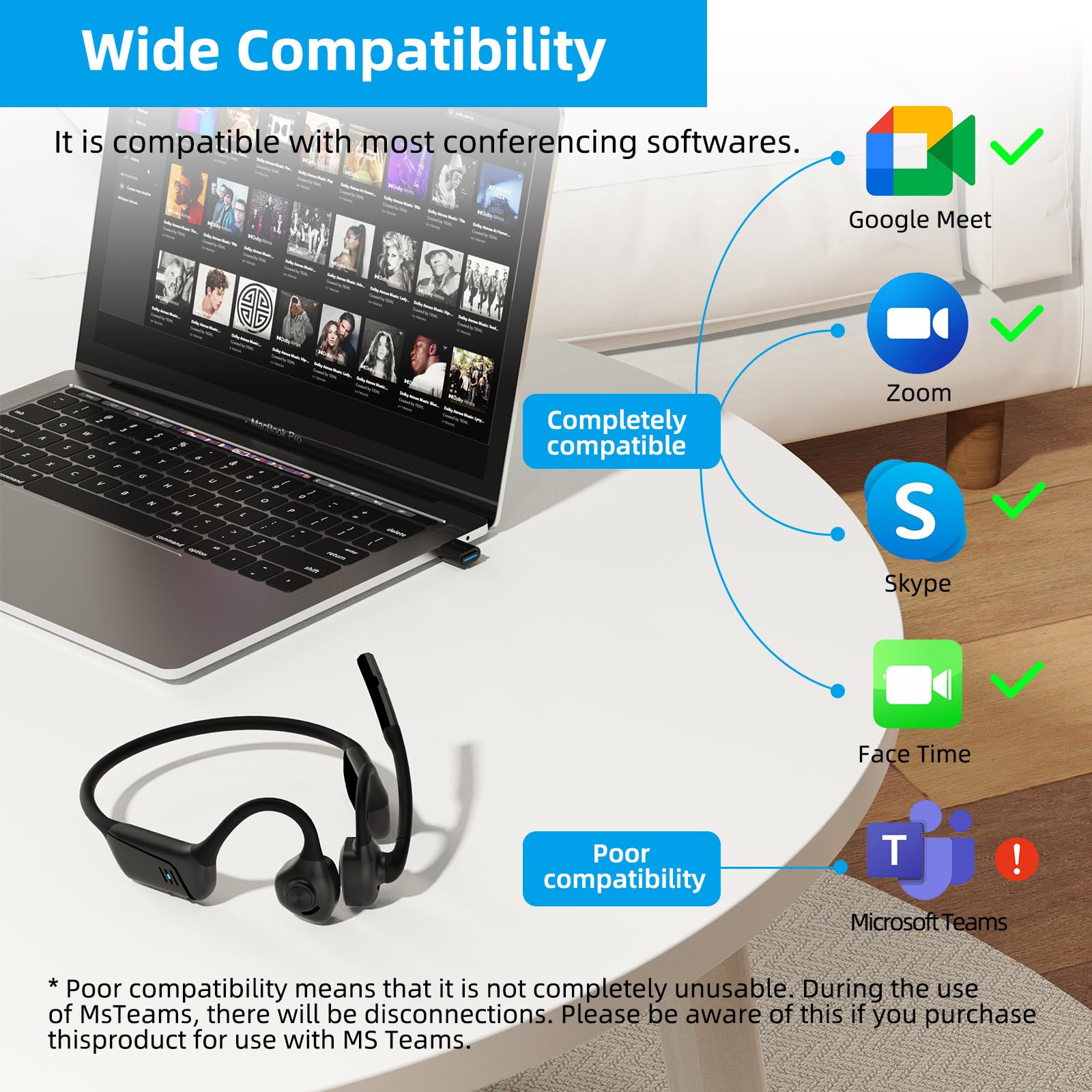 Smof Auriculares Abiertos con Micrófono, Bluetooth 5.1 Wireless Headset con USB Dongle, Auriculares de Conducción de Aire con Cancelación de Ruido Micrófono
