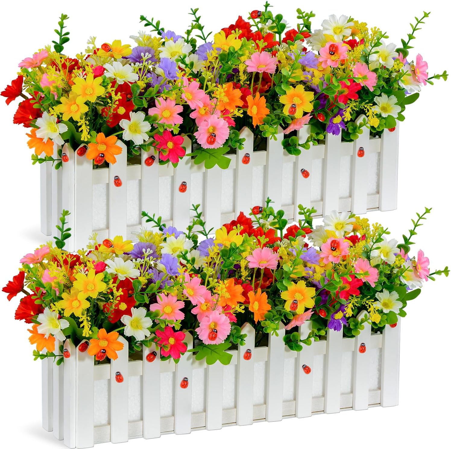 XONOR Artificial Flower Plants - Mixed Color Faux Daisies in Picket Fence Pot for Indoor Office Wedding Home Windowsill Spring Decoration, 2 Sets