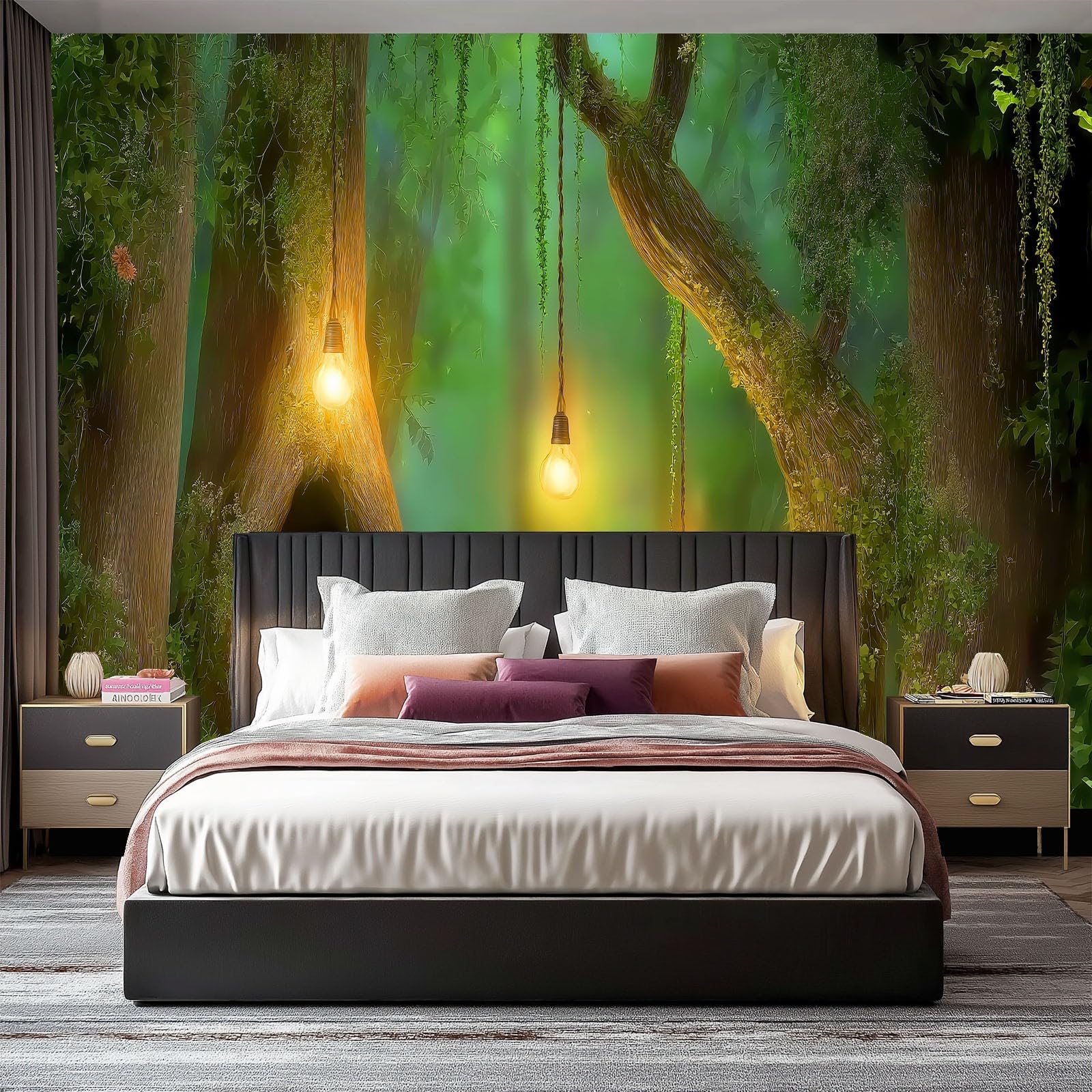 Zielona panoramiczna tapeta fantasy las, kwiaty łąki tapeta ścienna z włókniny 400 x 280 cm 3D gobelin obraz do pokoju dziecięcego dekoracja ścienna - plakat obrazy ścienne