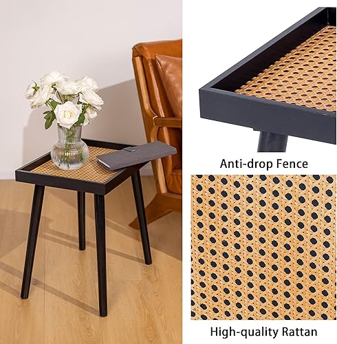 Miniatura 5 de Mesa auxiliar de ratán, pequeña mesa auxiliar de madera, mesa auxiliar bohemia, mesita de noche de ratán para sala de estar y dormitorio (1, negro)