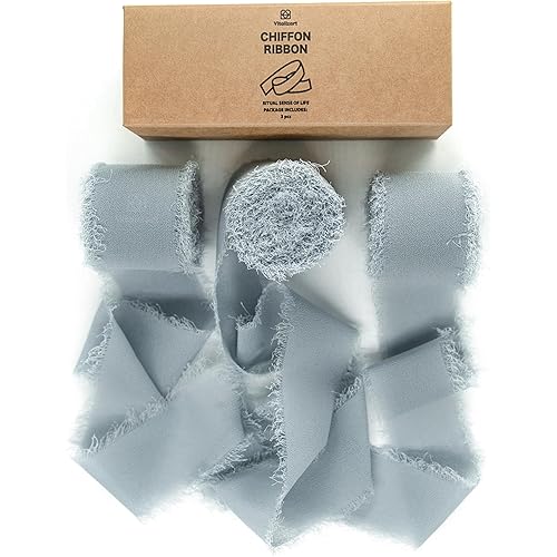 Vitalizart Blue Ribbon 3 Rolls Handmade Fringe Chiffon Silk Ribbon 1.5" x 7Yd Dusty Blue Ribbons Set for Wedding Invitations, Bridal Bouquets, Gifts Wrapping, DIY Crafts
