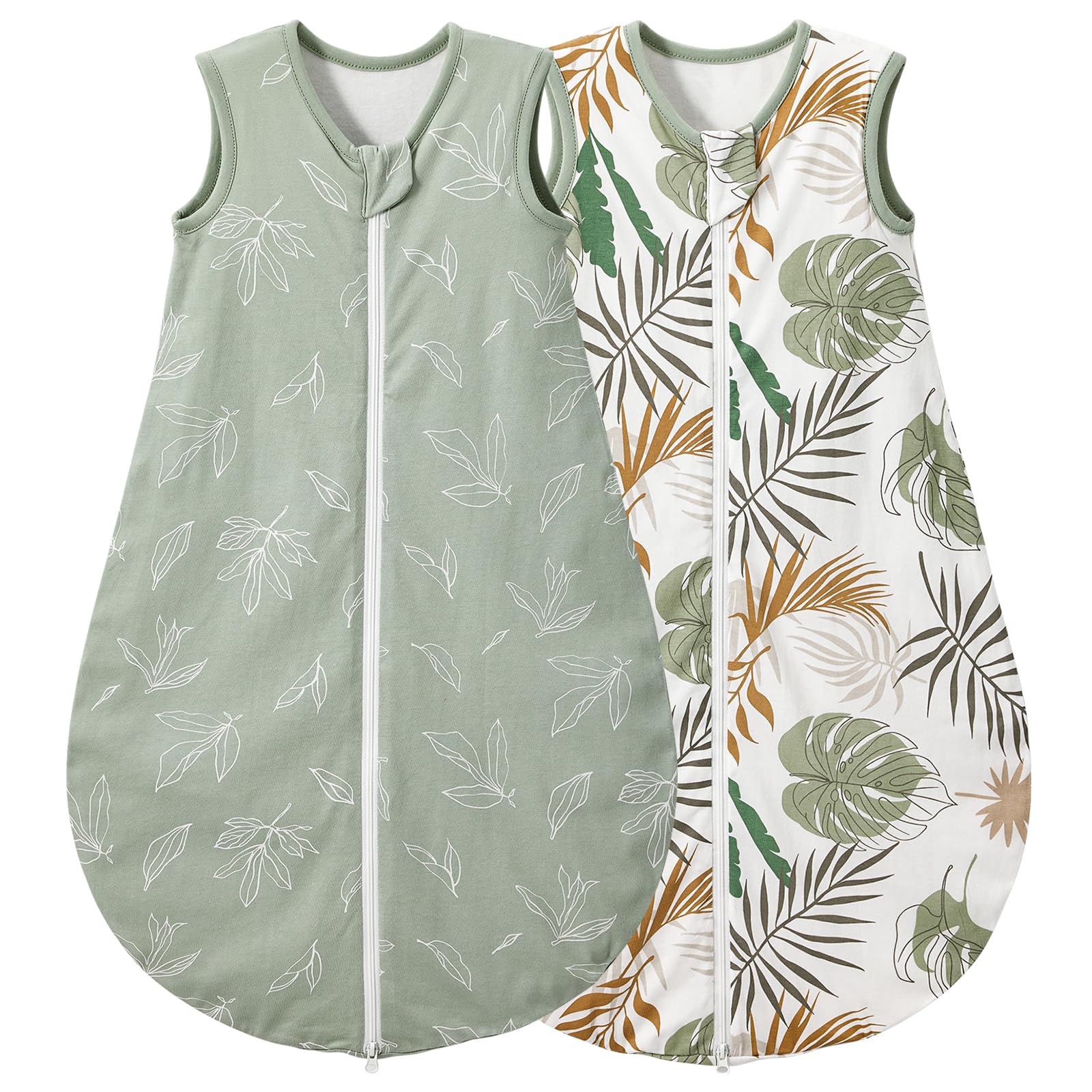 LULUMONKEY Baby Sleeping Bag 1.0 Tog 18-36 Months 2 Pack, 100% Cotton Summer Newborn Sleep Sack Baby Wearable Blanket, Green Leaves