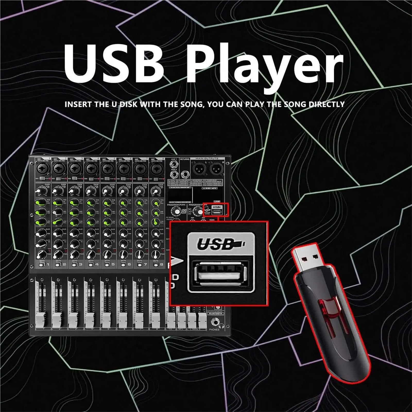 Miksery DJ-skie, 8-kanałowy mikser DJ z 256-bitowym efektem pogłosu DSP, mikserem USB BT 5.0 USB do nagrywania na komputerze, mikrofonami