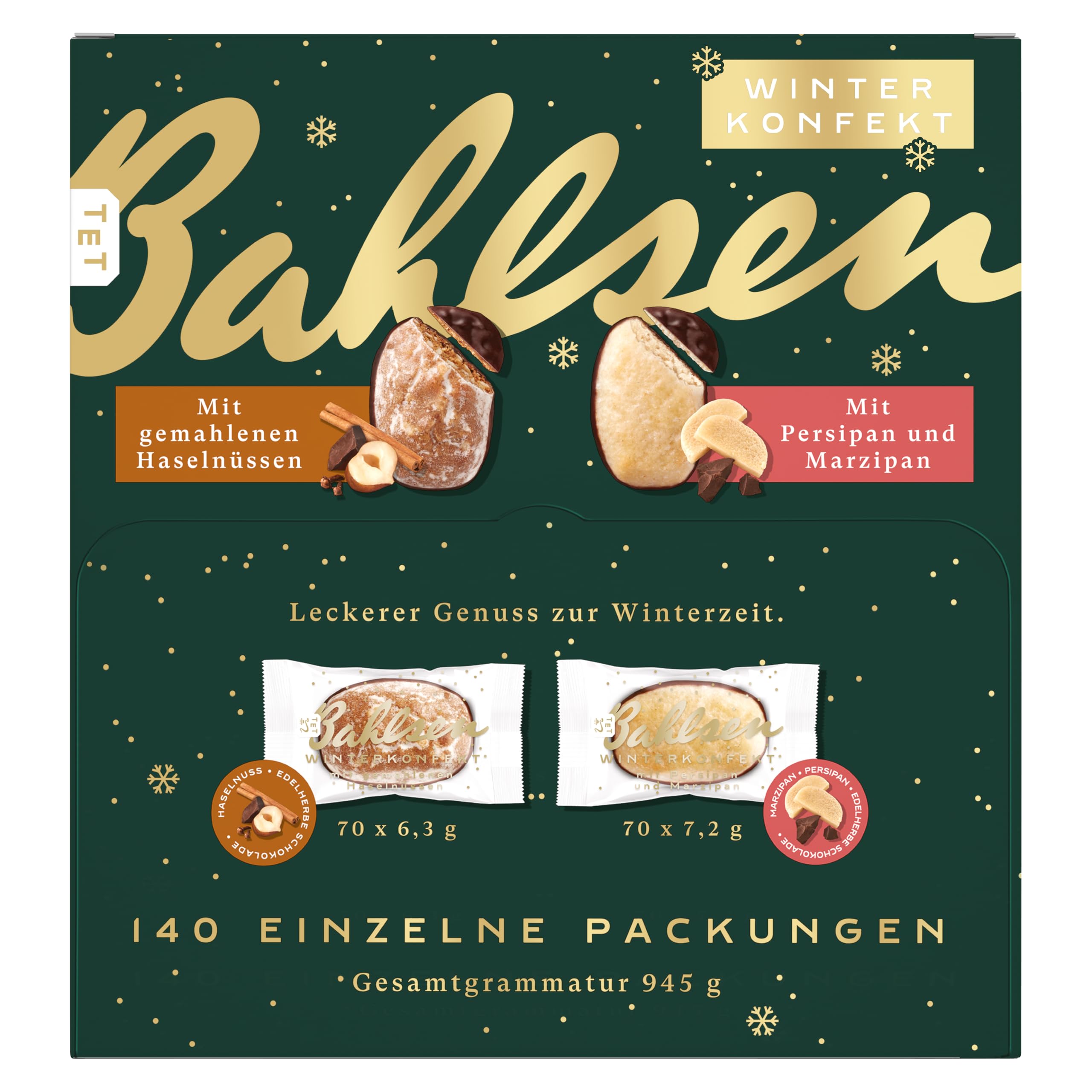Bahlsen Winterkonfekt, 948 g, feinstes Winterkonfekt in 2 Sorten à 70 Stück, Thekenaufsteller mit 140 Stück einzeln verpackt