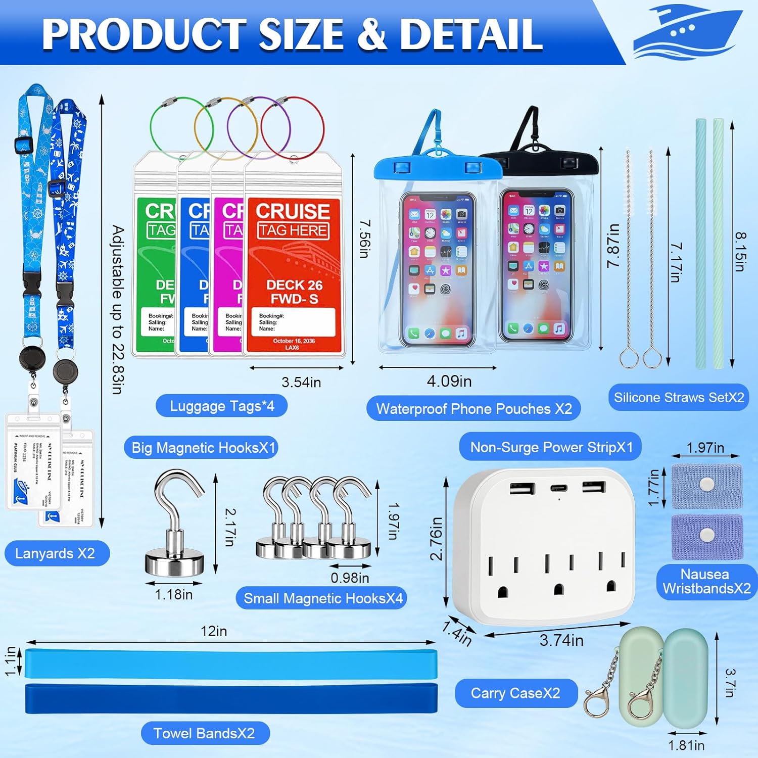 Cruise Essentials 2026-22 Pcs Cruise Must Haves Kit with Cruise-Safe Non-Surge Power Strip, Magnetic Hooks, Luggage Tags, Lanyards, Towel Bands & Waterproof Phone Pouches