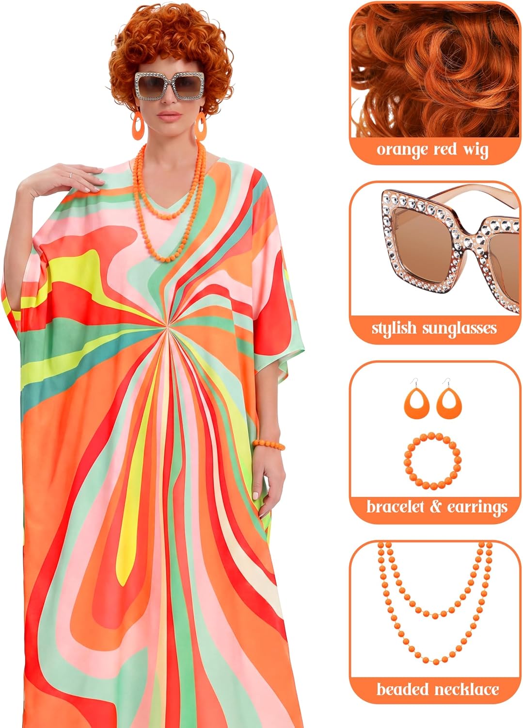 SOMSOC 6PCS Women Costume Set with Short Curly Orange Wig Print Caftan Dress Jewelry Sunglasses for Cosplay Halloween Party