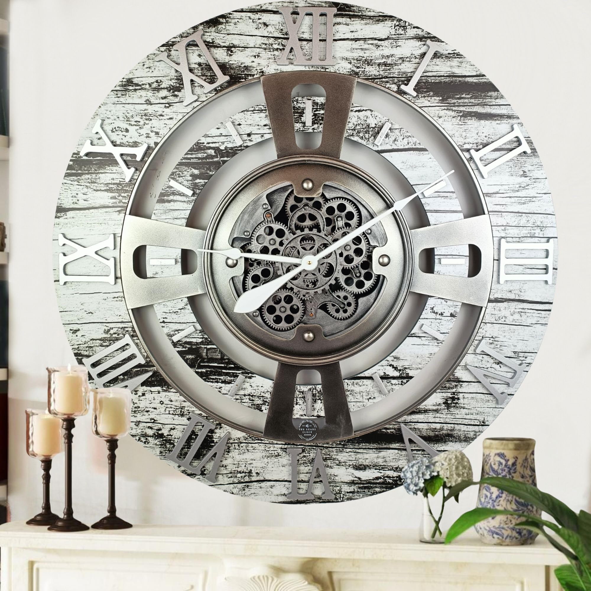 The Gears Clock 24'' Inch Real Moving Gear Wall Clock England Line (Grey & White, 24 inches (60 cm))