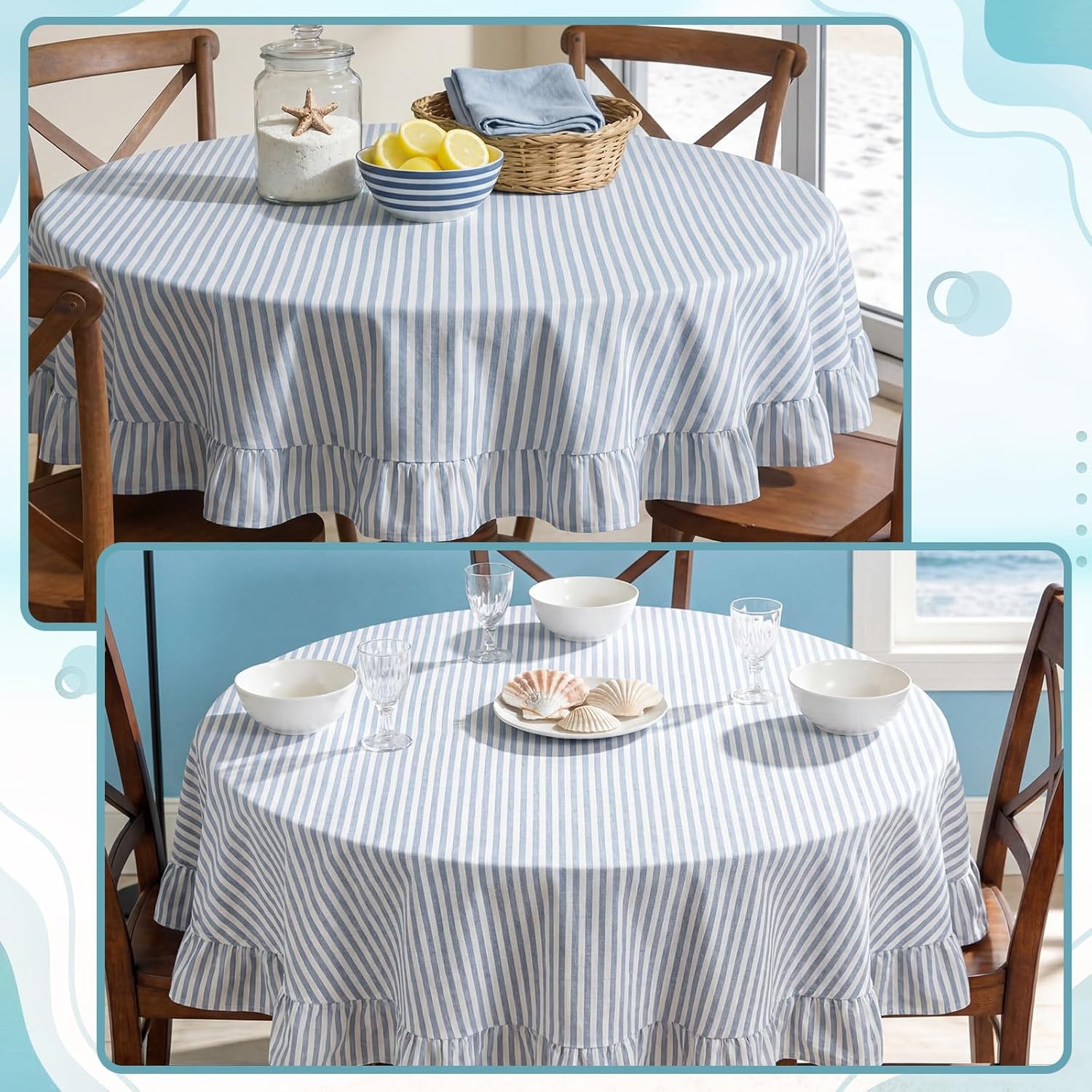 Frienda Blue Stripe Ruffle Table Cloth Farmhouse Round Cotton Linen Scalloped Table Cloth 60 x 60 in Coastal Blue White Stripe Stonewashed Tablecloth for Round Tables Kitchen Dining Restaurant Party