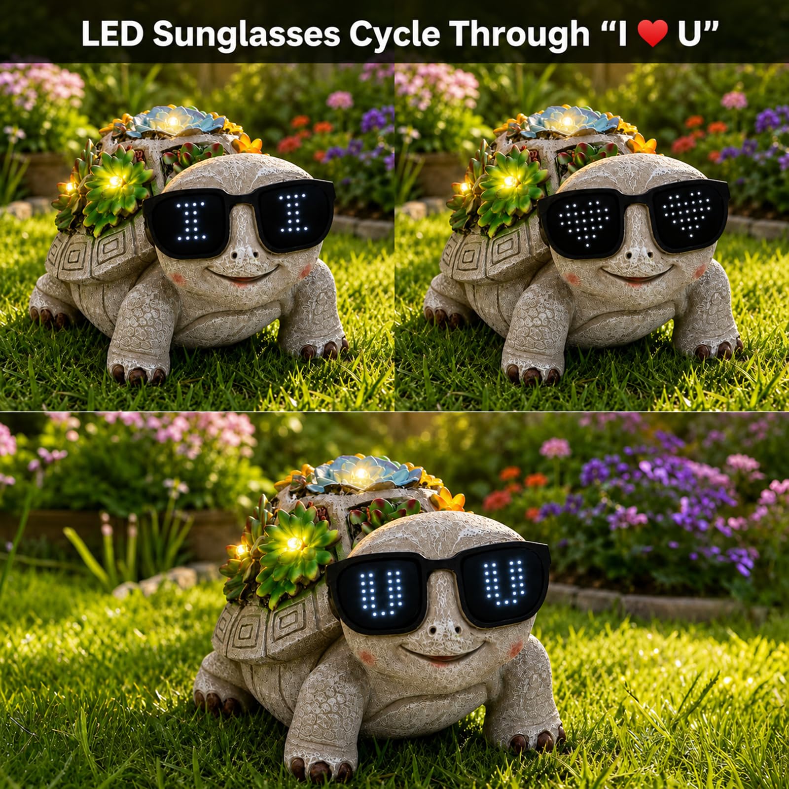 Unique Solar Garden Turtle Statue with I Love You LED Sunglasses and Succulent LED Lights, Lawn Decor Tortoise Figurine for Patio, Balcony Yard Ornament for Mom, Women & Grandma