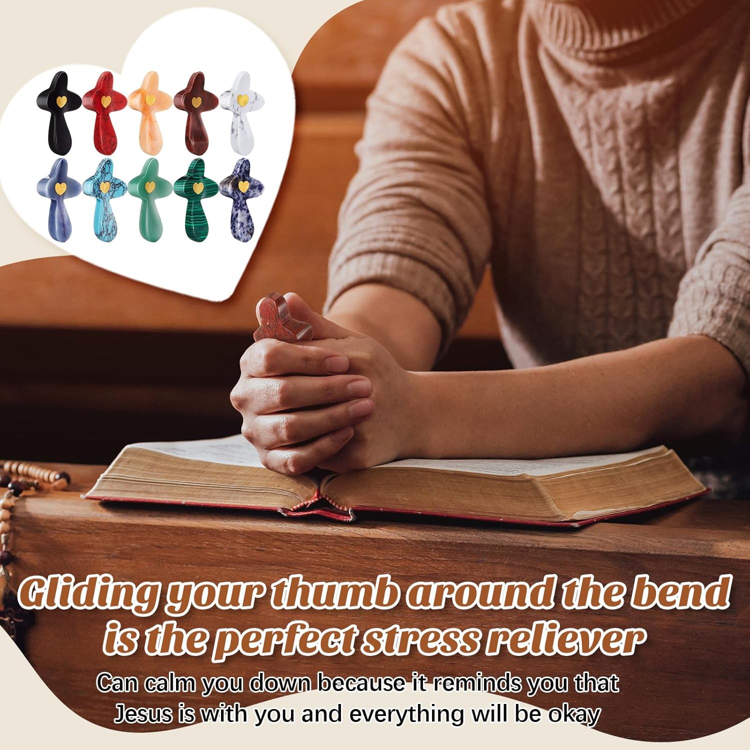 Bucherry 10 Sets Cross My Heart Fidget, Encouragement Gift Small Wooden Mini Handheld Pocket Worry Cross with Mesh Bag Fingertip Stress Relief Religious Gifts for Christians Prayer Church Gift