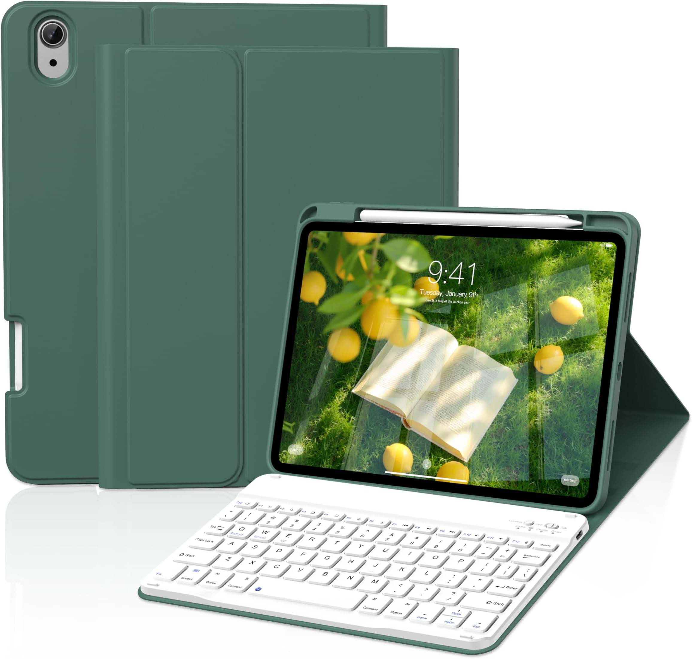 JKSML for iPad 11/10th Generation Case with Keyboard 11-inch A16 2025 10th Gen 10.9 Inch 2022 Wireless Detachable Folio Keyboard Cover Thin & Light with Pencil Holder, Dark Green