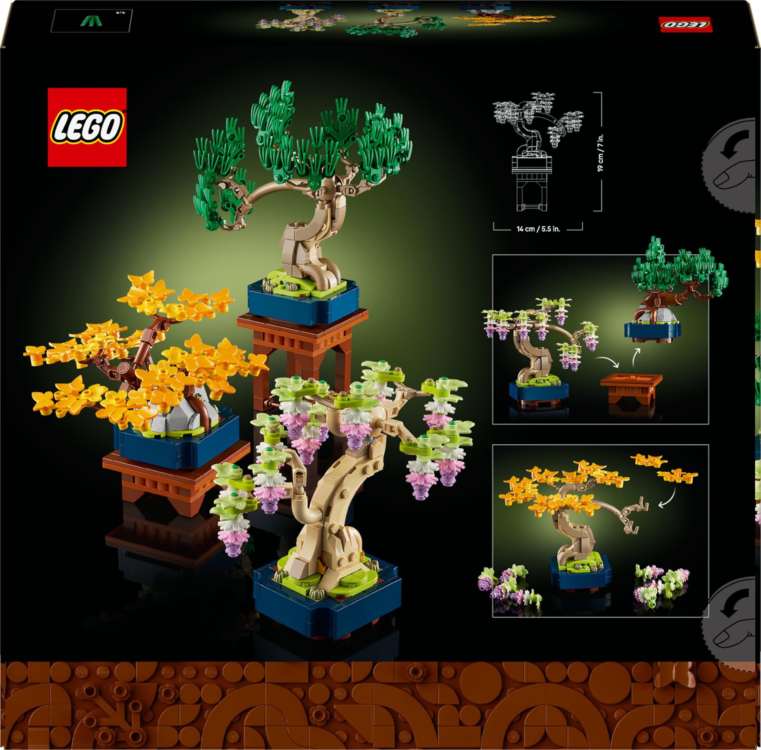 LEGO Botanicals Mini Bonsaïs - Set de Construction pour Adulte - 3 Plantes Artificielles avec Supports : Ginkgo, Pin Noir & Glycine - Maquette DYI pour Décoration Intérieure - Cadeau Original 10373
