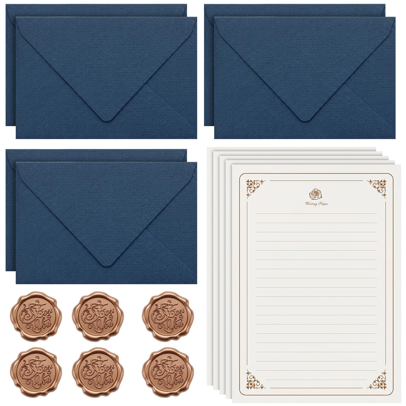 Limiebllu 32Pcs Vintage Letter Writing Set,Blue Linen Envelopes,Rose Paper