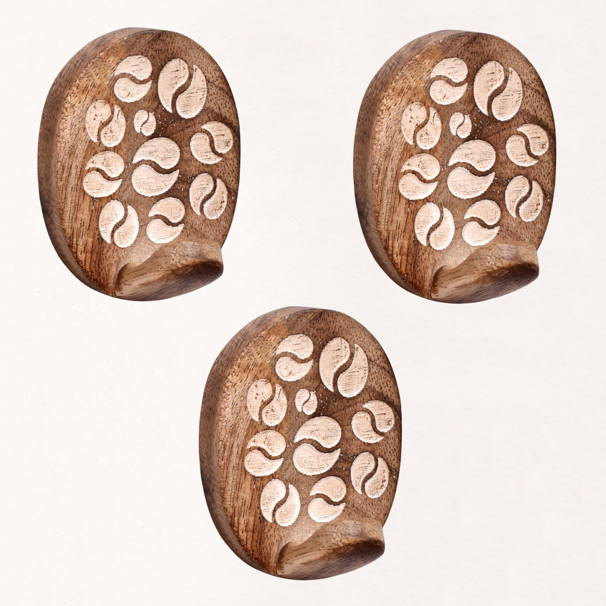 Indian Shelf 3 Hooks, 6 Strips Wood Adhesive Wall Hooks- Decorative Wall Hooks for Hanging- Boho Sticky Coat Hook Wallmount- Unique Wooden Towel Hook for Bathroom