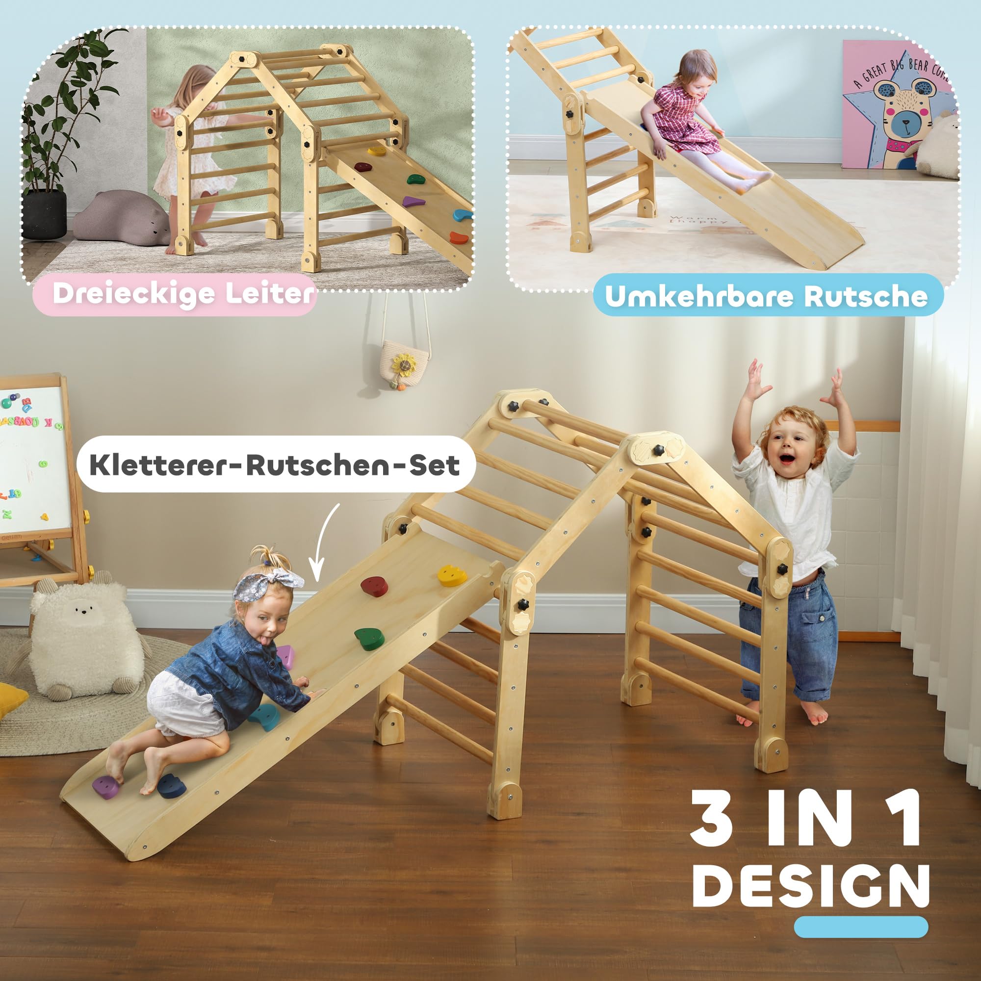 AIYAPLAY 3 in 1 Montessori Klettergerüst mit Rutsche für 1,5-4 Jahre | Indoor, Holz Kletterdreieck, Kletterwand, Indoor Spielplatz, für Kleinkinder und Kinder