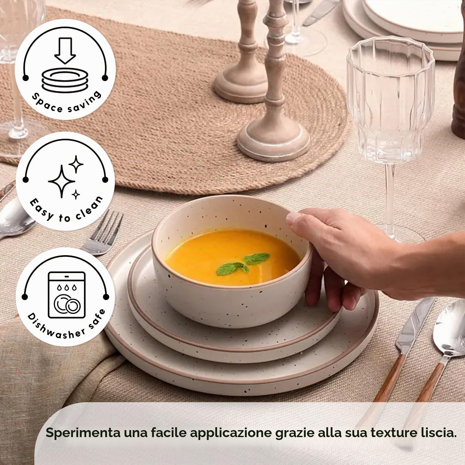 Karaca Chicago Dot - Servizio da tavola in gres porcellanato, 18 pezzi, per 6 persone, piatto, piatto, ciotola, beige