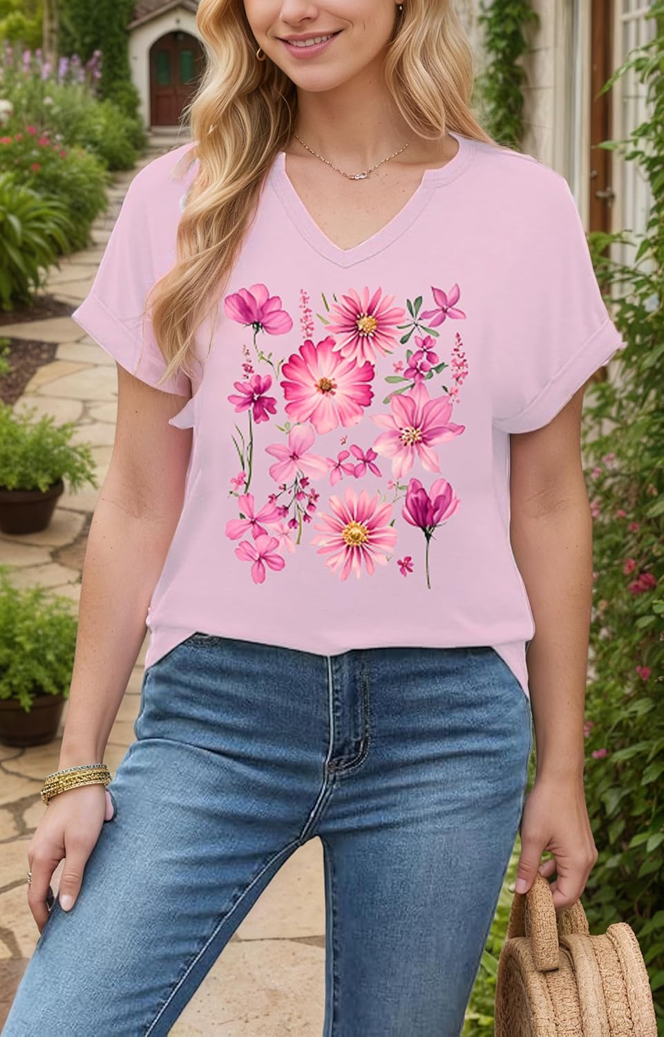 Boho Flower T-Shirt for Women Floral Wildflowers Graphic Shirt V Neck Vintag Tops Casual Summer Tees - Image 2