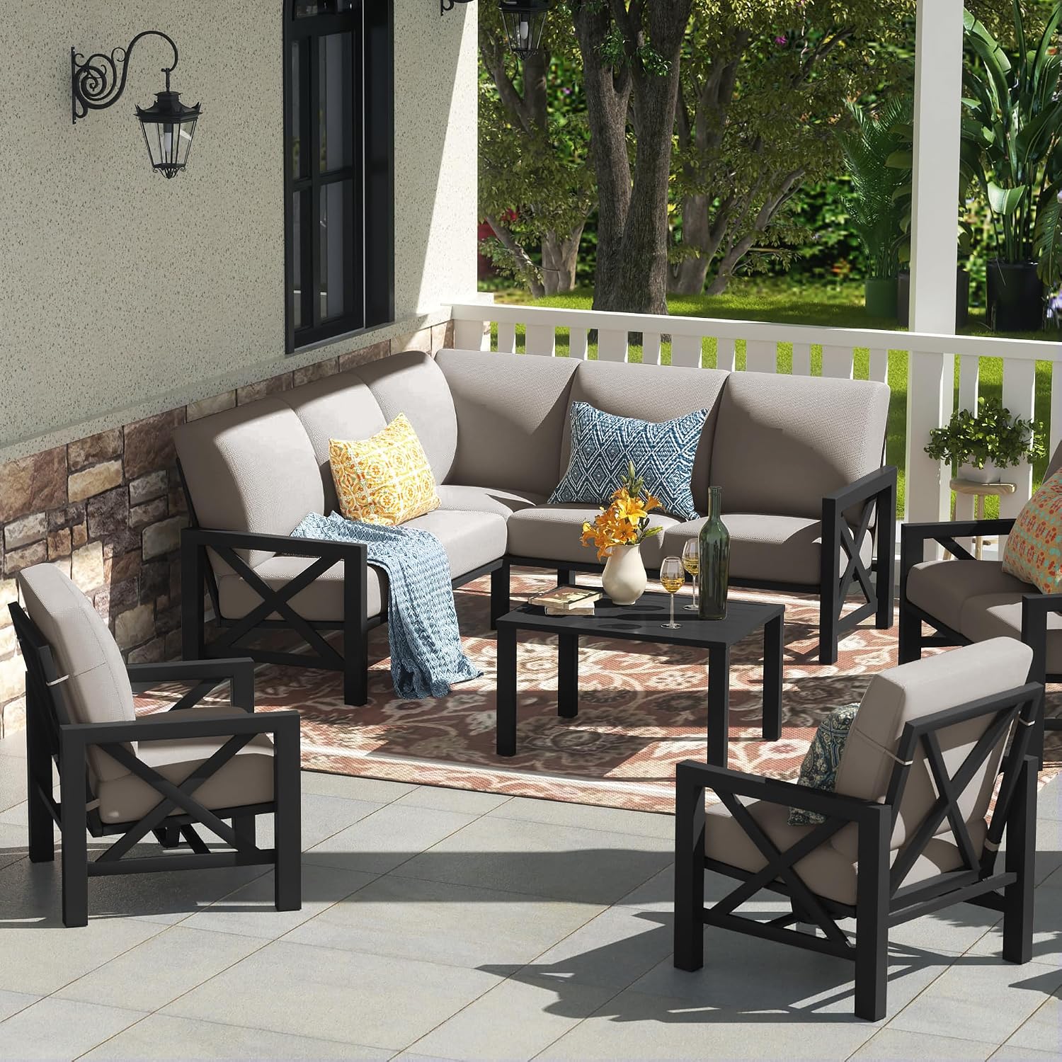 NATURAL EXPRESSIONS Outdoor Chair Cushions, Patio Furniture Cushions with Waterproof Fabric, 6.5" Extra Think, Removable Cover, Deep Back Cushion for Chairs, Couch and Sofa, Shale