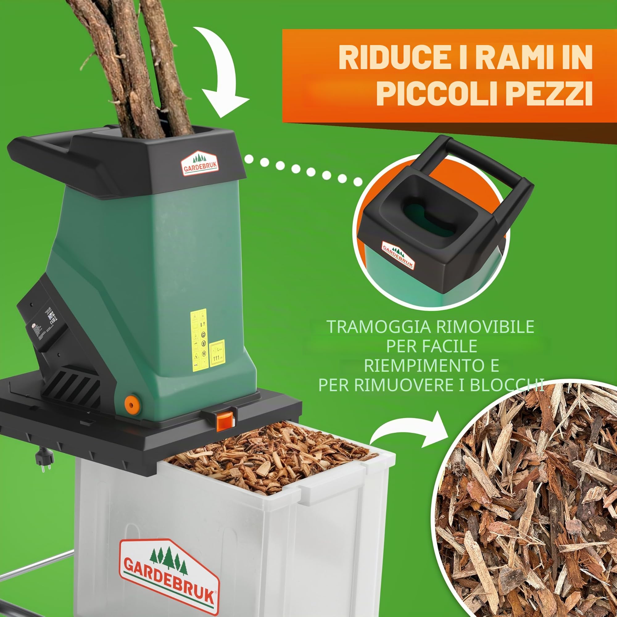 Gardebruk Trituratore da Giardino 3100 W 40 mm Rami Elettrico 50 L Cesta Raccolta Acciaio