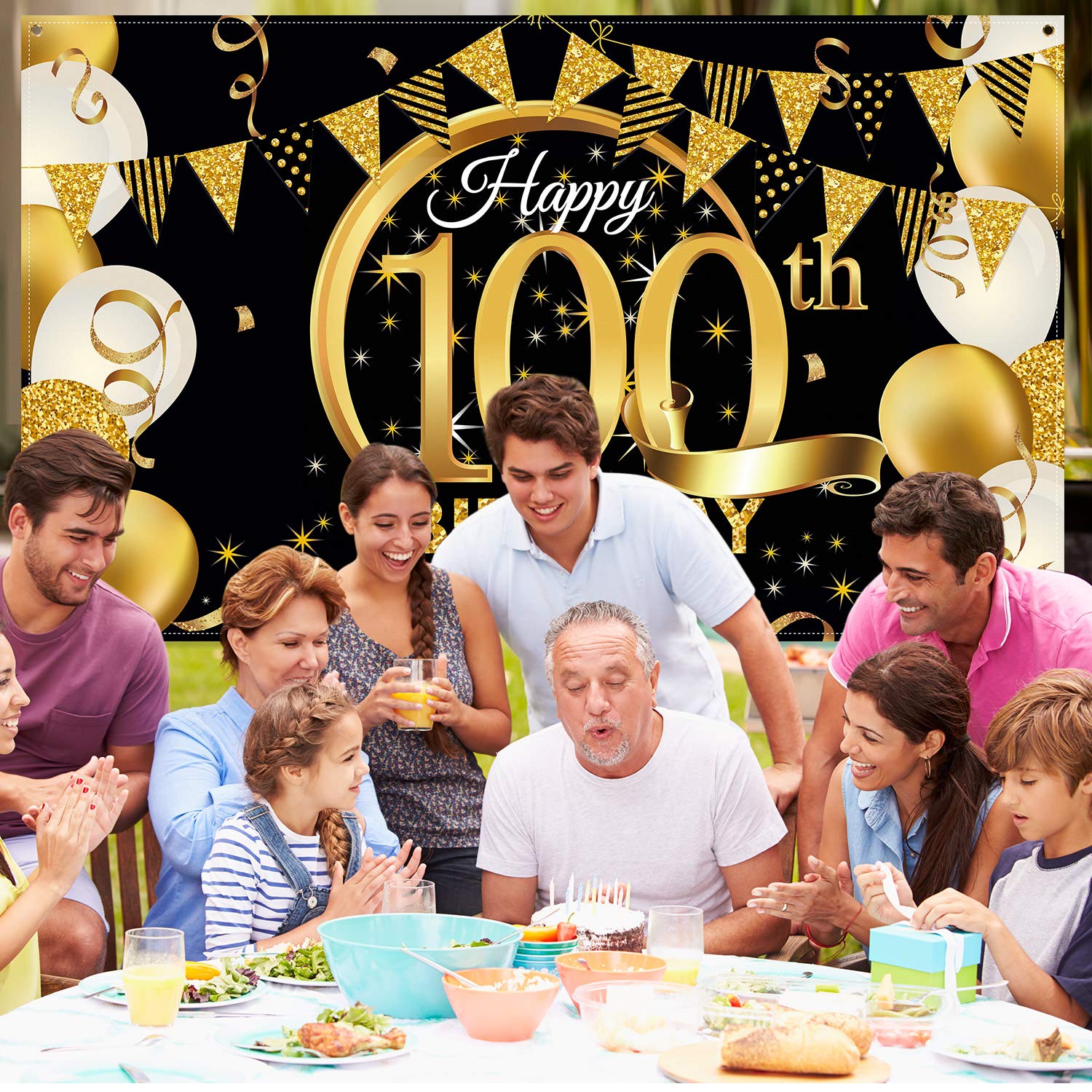 Poster In Tessuto Per Festa Di Compleanno 100x100 Cm - Sfondo Cabina Fotografica Nero E Oro, Decorazione Anniversario, Con Corda Per Appendere