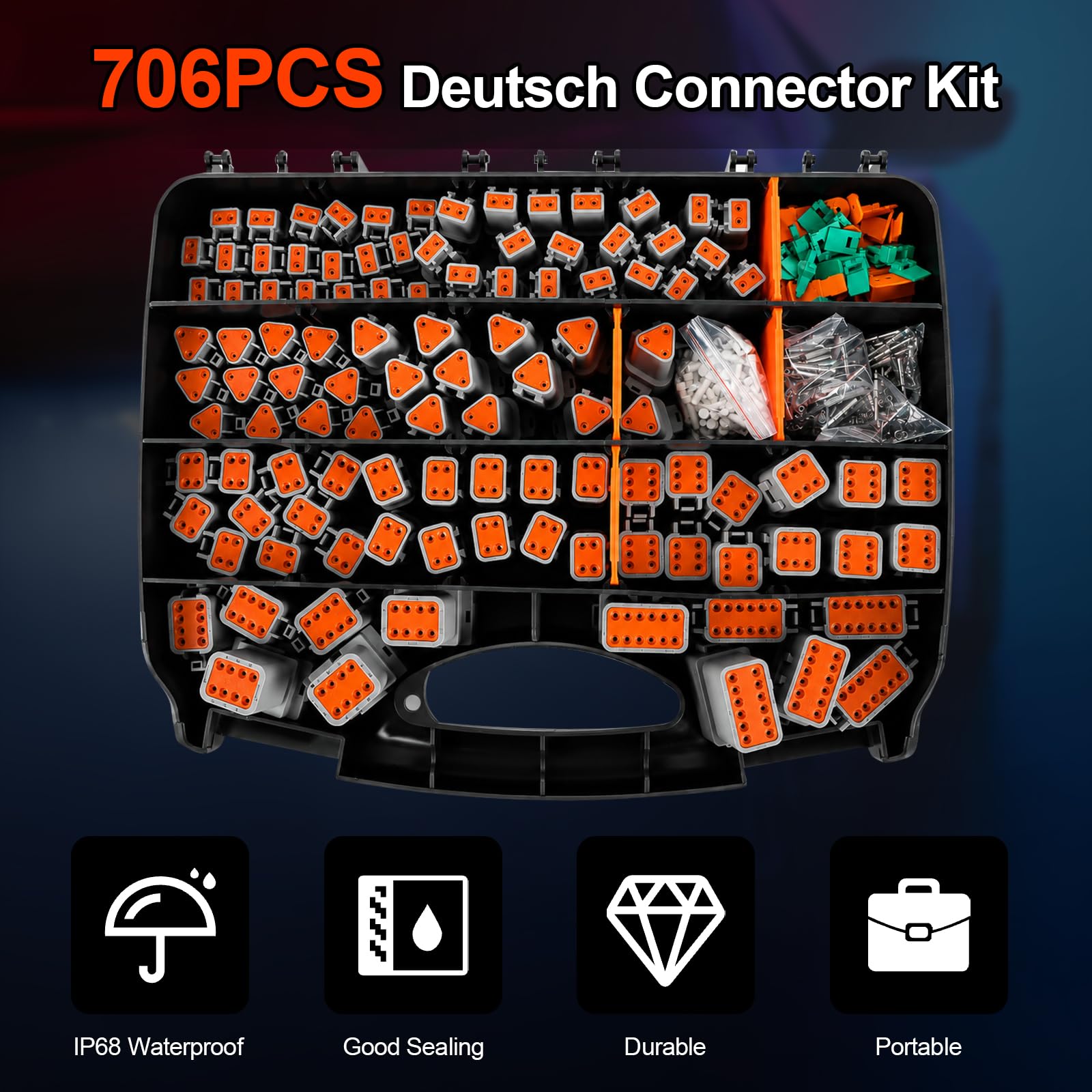 Deutsch - Juego de conectores de 706 piezas de terminales eléctricos automotrices para la serie Deutsch DT, 2, 3, 4, 6, 8, 12 pines, con bloqueo de cuña y herramienta de extracción, juego de