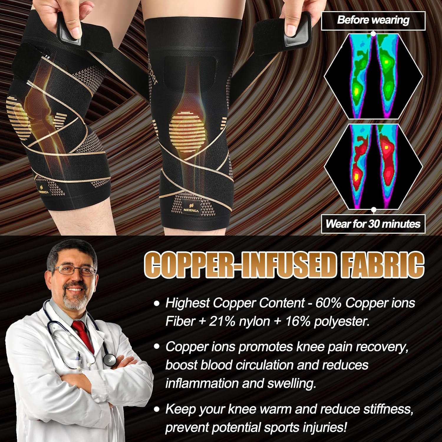 NEENCA Rodillera de Cobre Con Correas,Rodilleras de Compresión para Dolor de Rodilla, Artritis, Ligamento Cruzado Anterior, Desgarro de Menisco, Alivio Del Dolor en Las Articulaciones