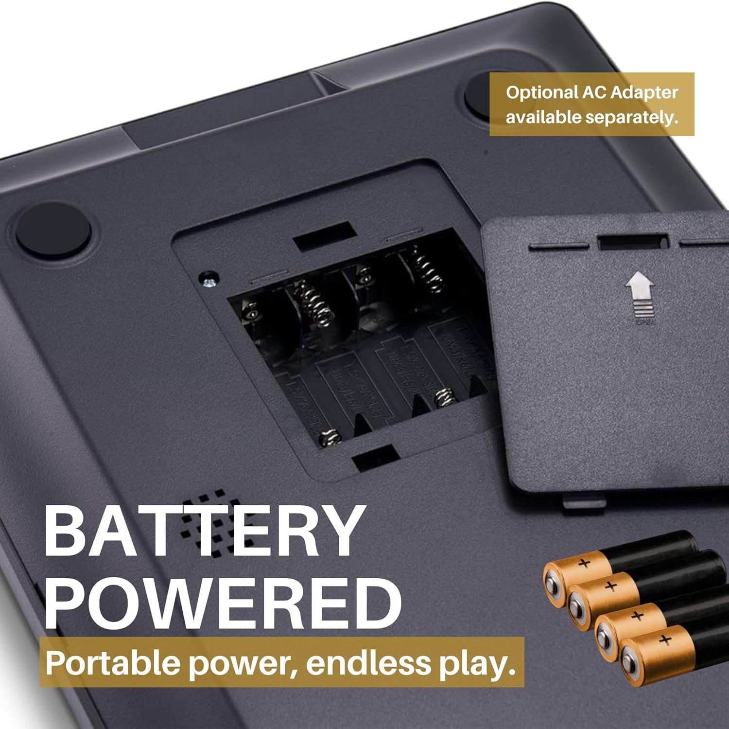 Underside of the ChessGenius PRO showing the open battery compartment and four AA batteries.