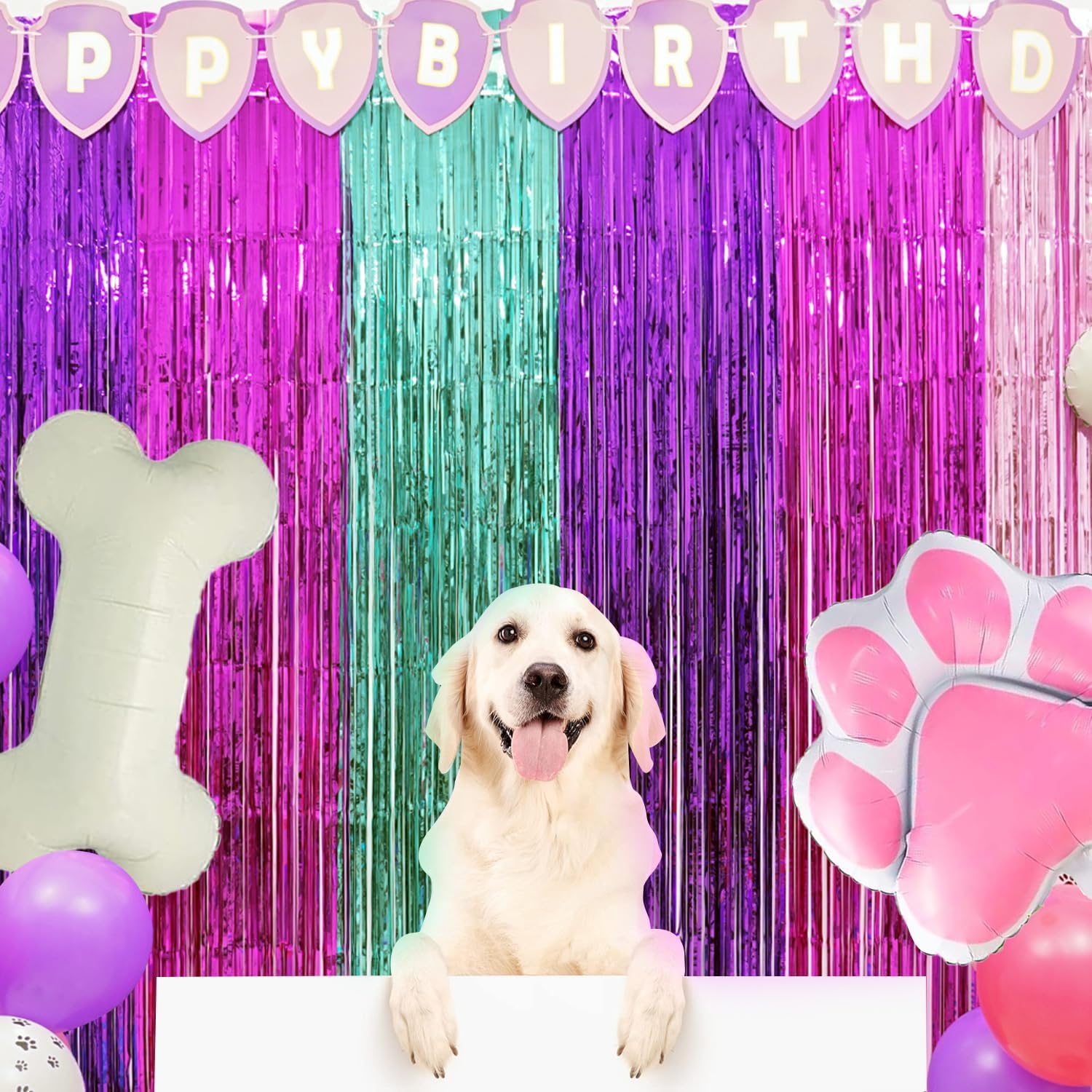 Pink Paw Puppy Patrol Birthday Decorations for Girls, 2 Pack Pinky Paw Party Photo Booth Prop, Purple Pink Teal Fringe Curtains Photo Streamers Backdrop for Paw Birthday Party Supplies for Girls