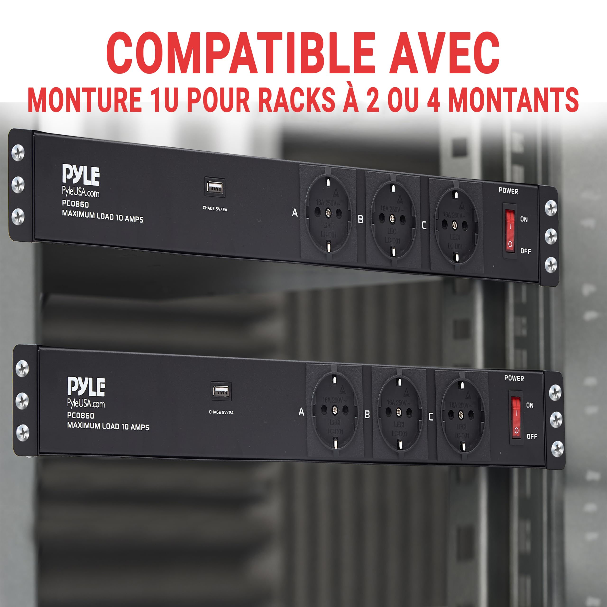 Pyle Multiprise Parafoudre 12 Prises Rack 19” 1U – PDU Électrique avec Ports USB, Disjoncteur 15A, Protection Surtension, Câble 4,5 m – Prise Informatique Haute Puissance – Noir