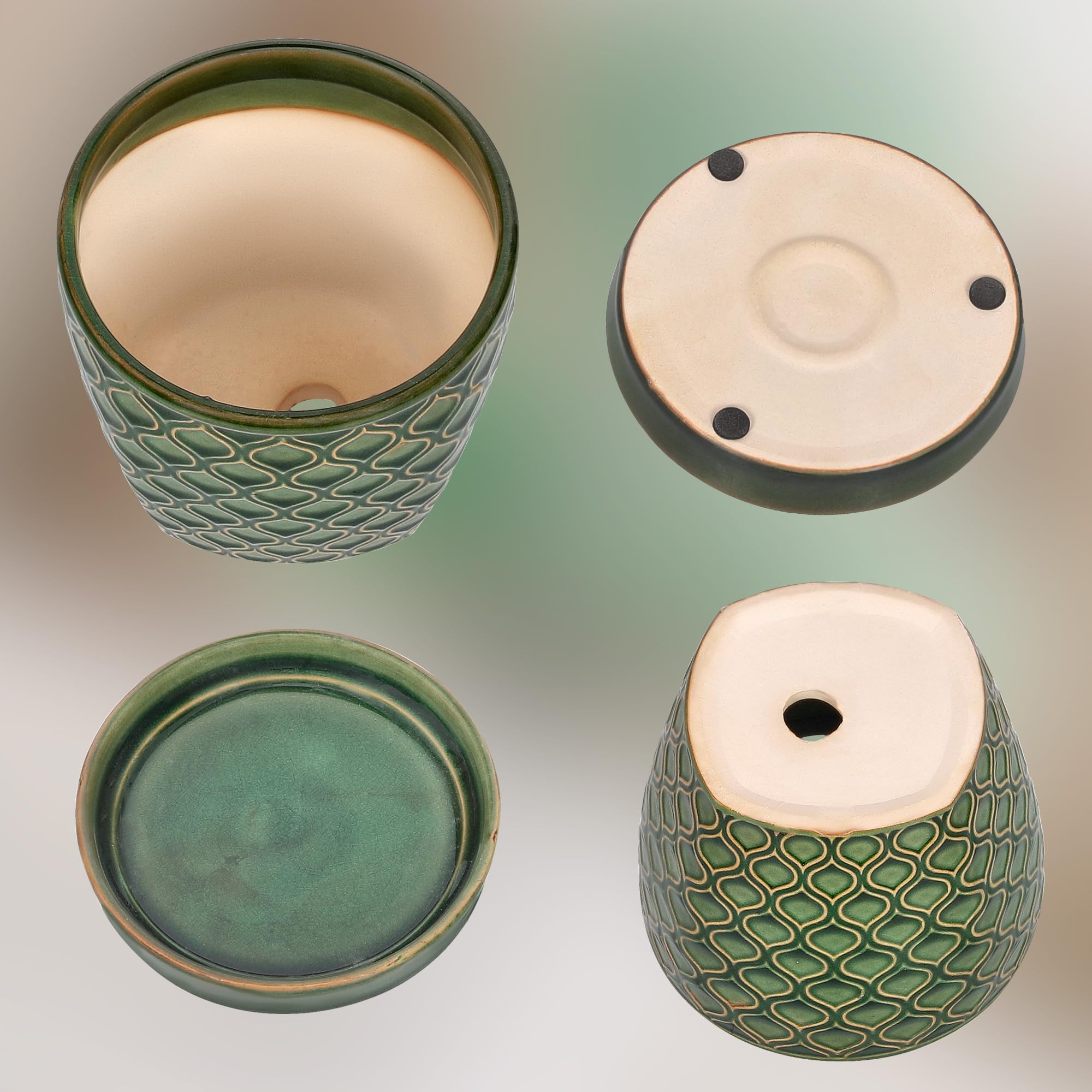 KOTARBAU® - Lot de 2 pots de fleurs en céramique pour plantes, diamètre : 15 cm, vintage, avec bac anti-goutte, motif écailles de poisson, vert
