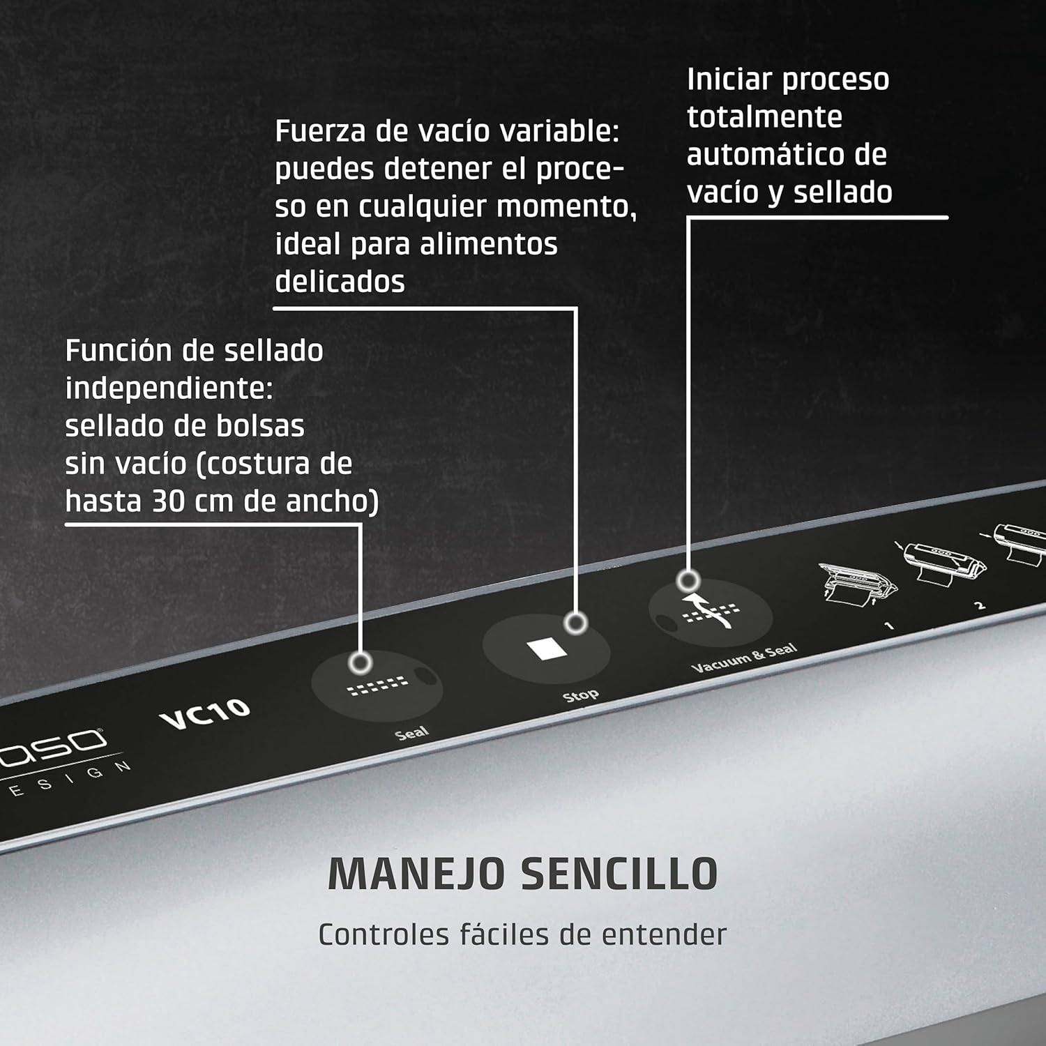 CASO VC 10 - Envasadora al vacío doméstica compacta - Maquina al Vacio de Alimentos - Costura de soldadura de 30 cm de largo y estable - Aplicación gratuita Food Manager - plateado