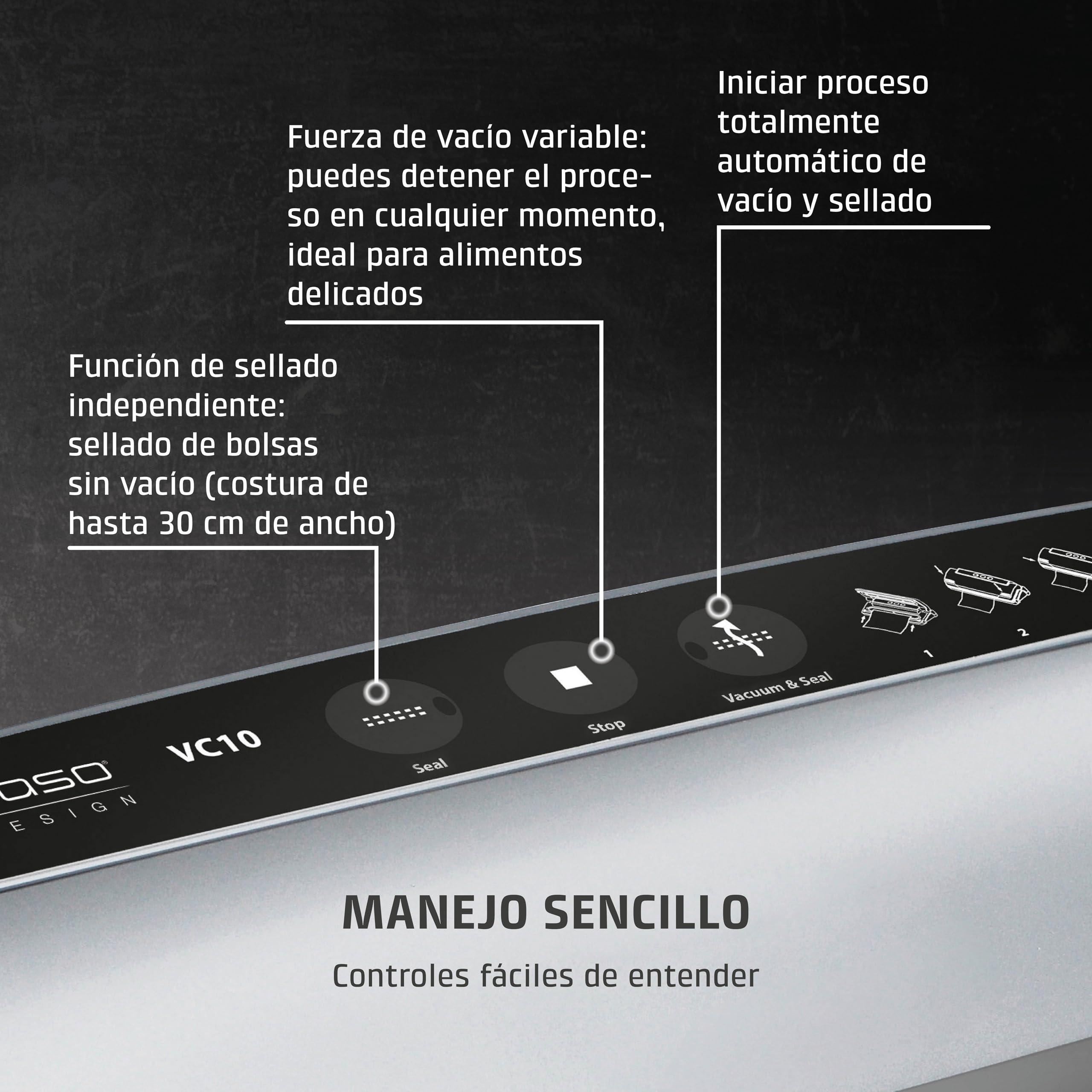 CASO VC 10 - Envasadora al vacío doméstica compacta - Maquina al Vacio de Alimentos - Costura de soldadura de 30 cm de largo y estable - Aplicación gratuita Food Manager - plateado