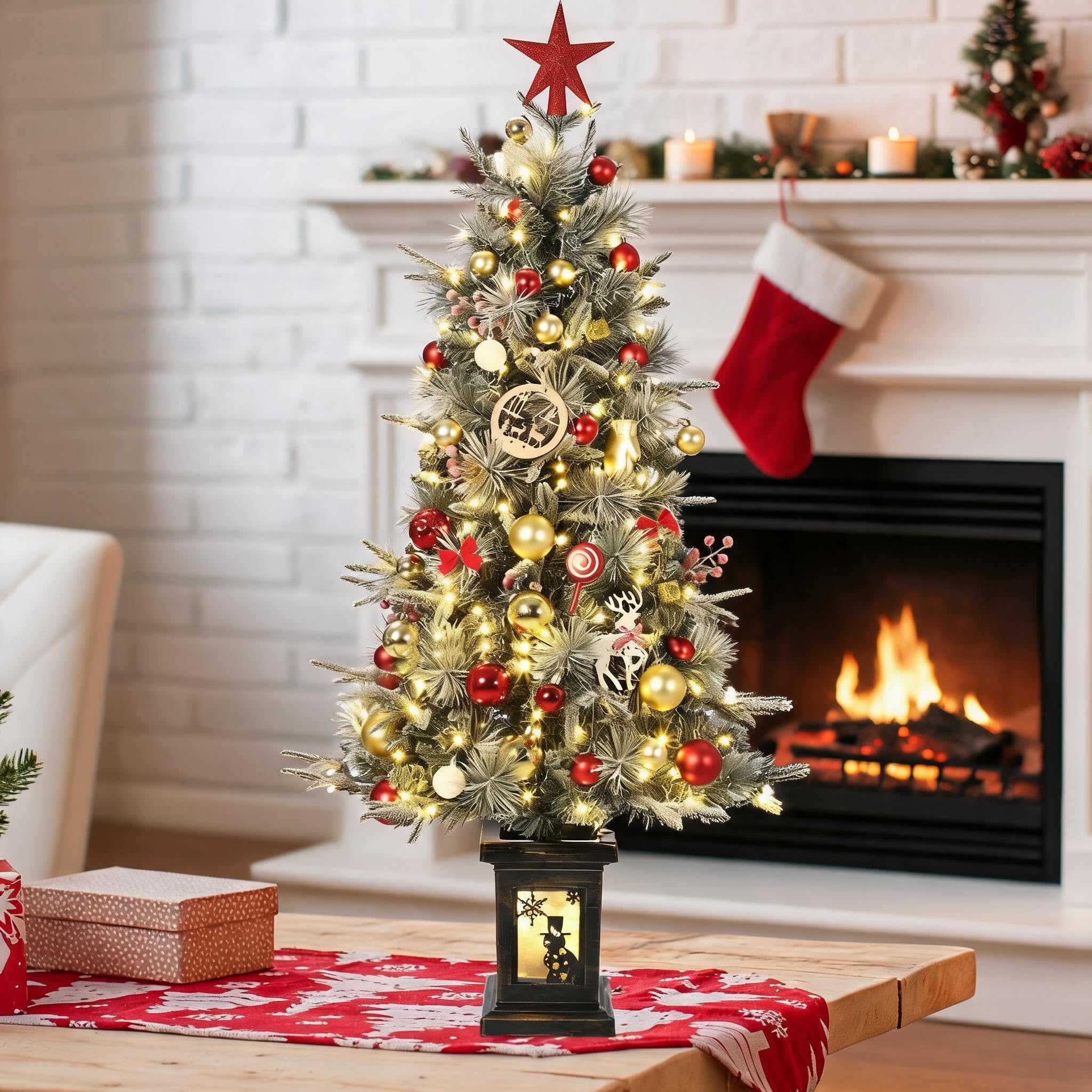 GarveeTech Schneebeflockter künstlicher Weihnachtsbaum 125 cm mit LED - 150 LEDs warmweiß/mehrfarbig, 8 Modi, PVC-Zweige - EU-Stecker, Schneemann-Lichtbox - 4ftH Frost Tree, Dual Color 8 Modes, 150LED