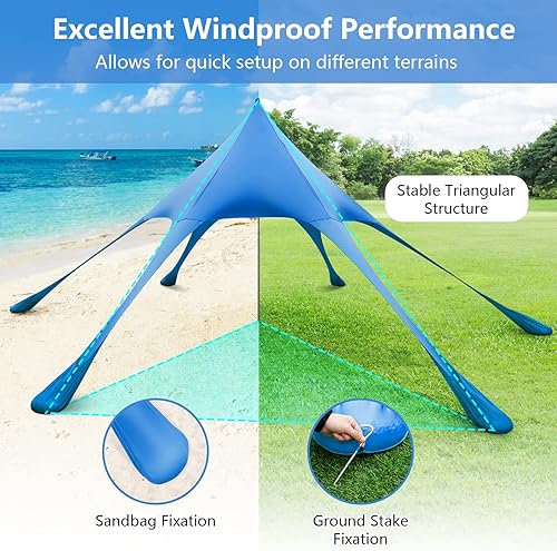 Miniatura 4 de Tangkula Tienda de campaña de playa UPF50+ con pala de arena, 6 clavijas de tierra, 6 sacos de arena, poste de soporte, bolsa de transporte, refugio