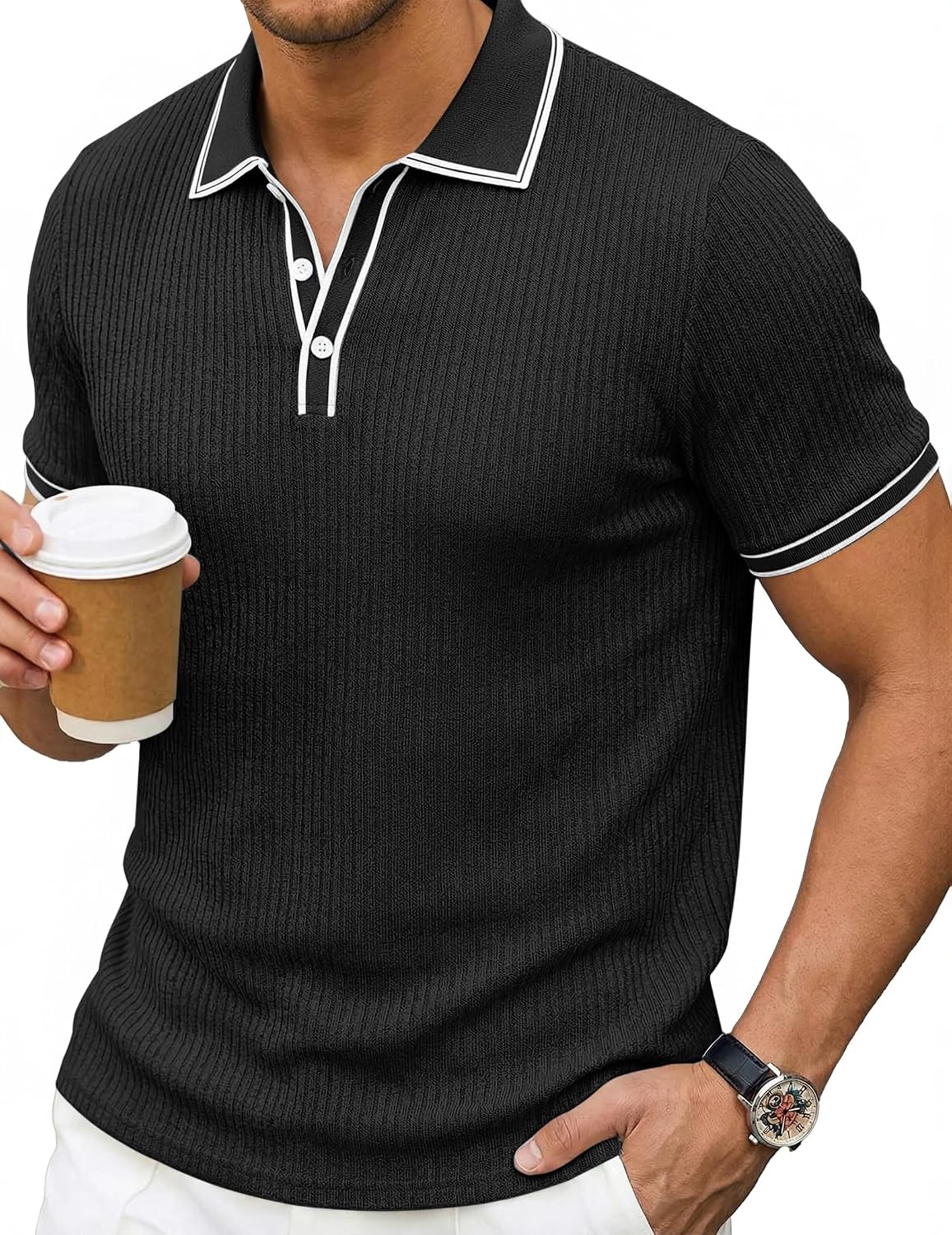 JMIERR Mens Short Sleeve Knit Polo Shirt Summer Casual Ribbed Texture Golf Polos T Shirts