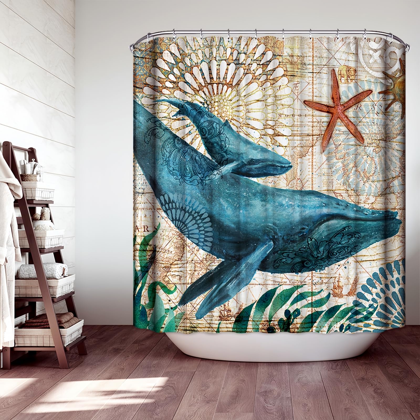 JMAHM Shower Curtain Ocean Mildew Resistant Polyester shower curtains Bathroom with 12 hooks bath curtains Marine Organism Bathroom Curtains (180x180, Colorful-Whale)