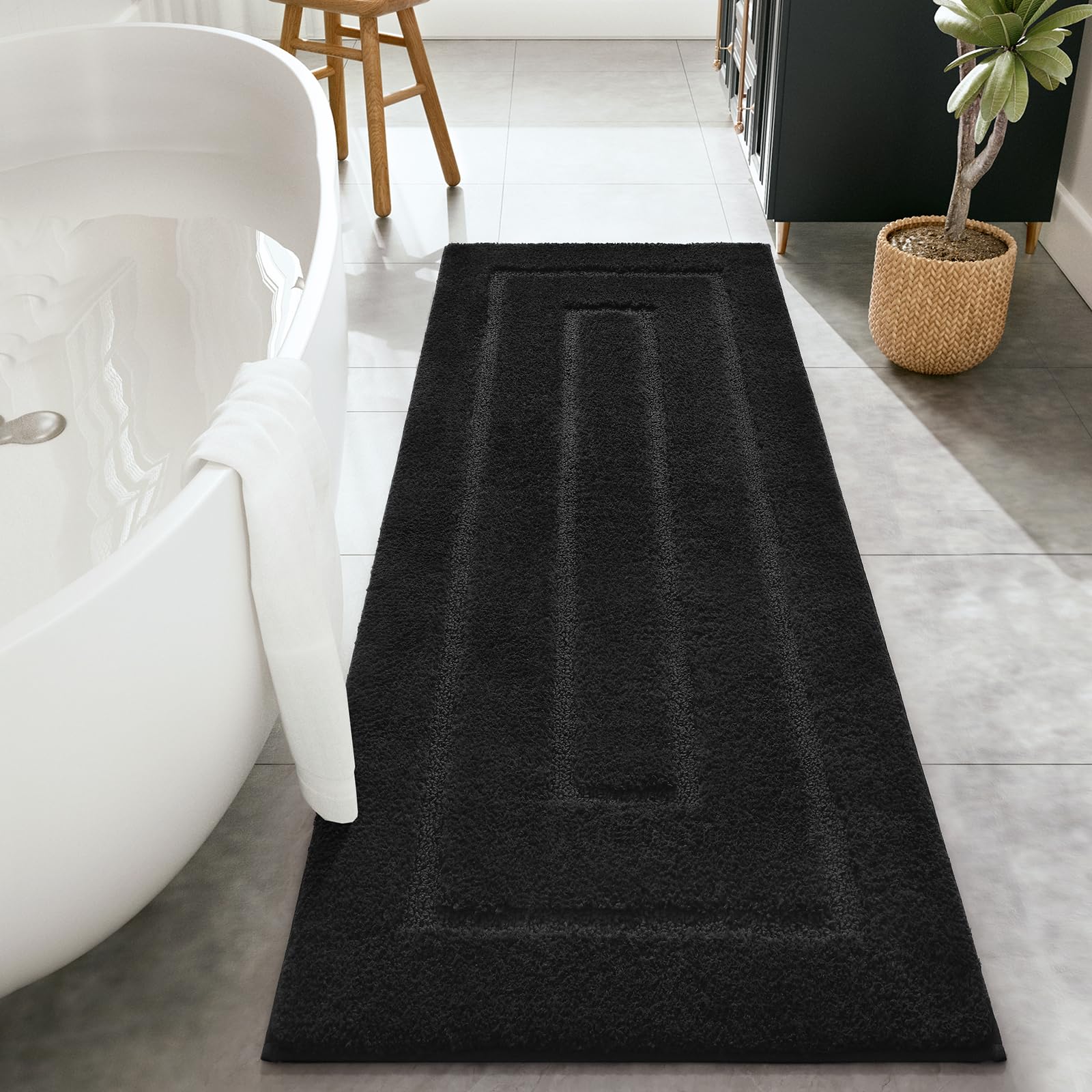 HOMORE Black Bathroom Rug 24x60 Inch Soft Absorbent Bathroom Runner Rug, Washable Bath Runners Rugs Non Slip Long Bath Rug for Shower Tub