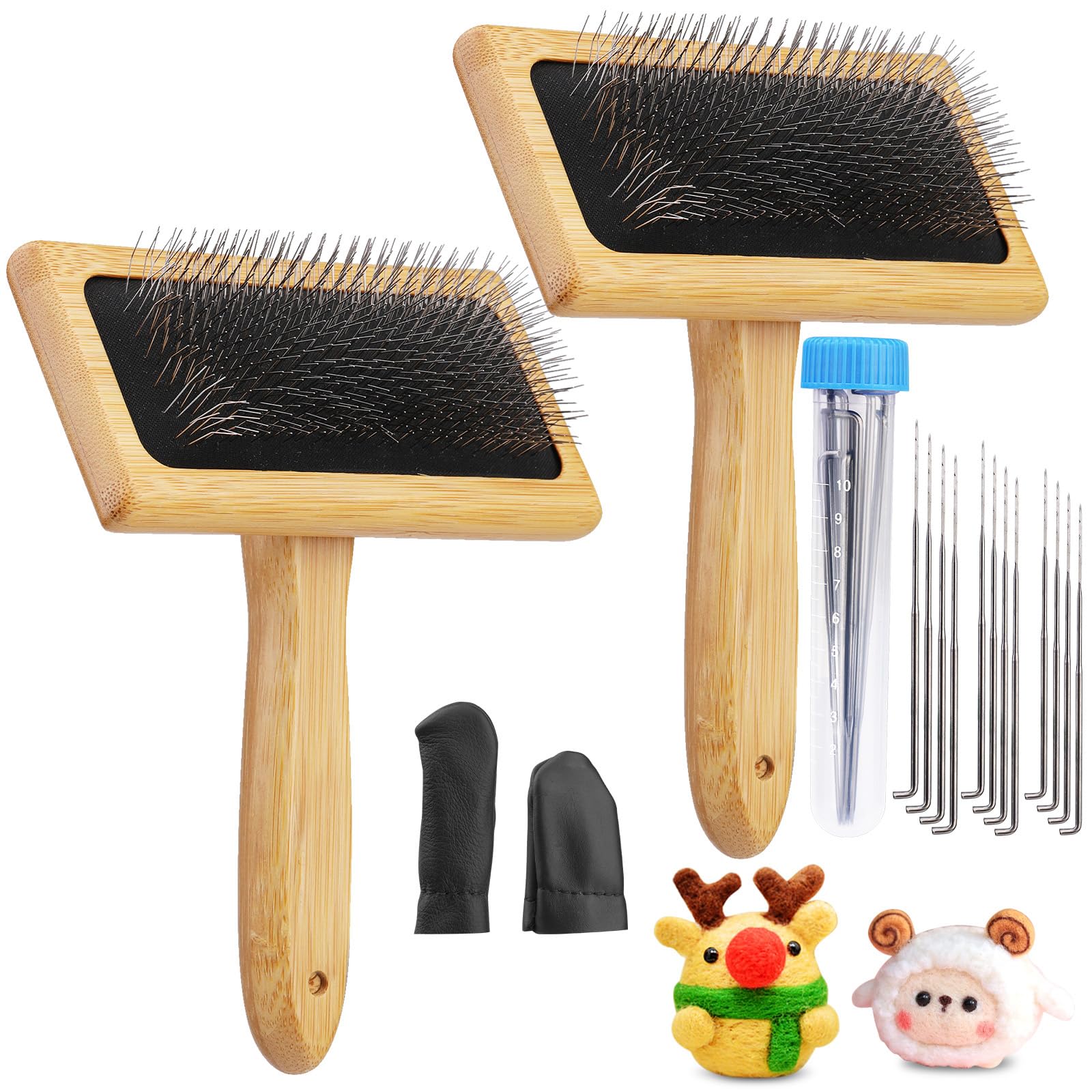 2 Pcs Wool Carders, Hand Carders for Wool Needle Felting Brush Wooden Wool Carders Needle Felting with Wool Needle Leather Finger Protector for DIY Felting Wool Projects
